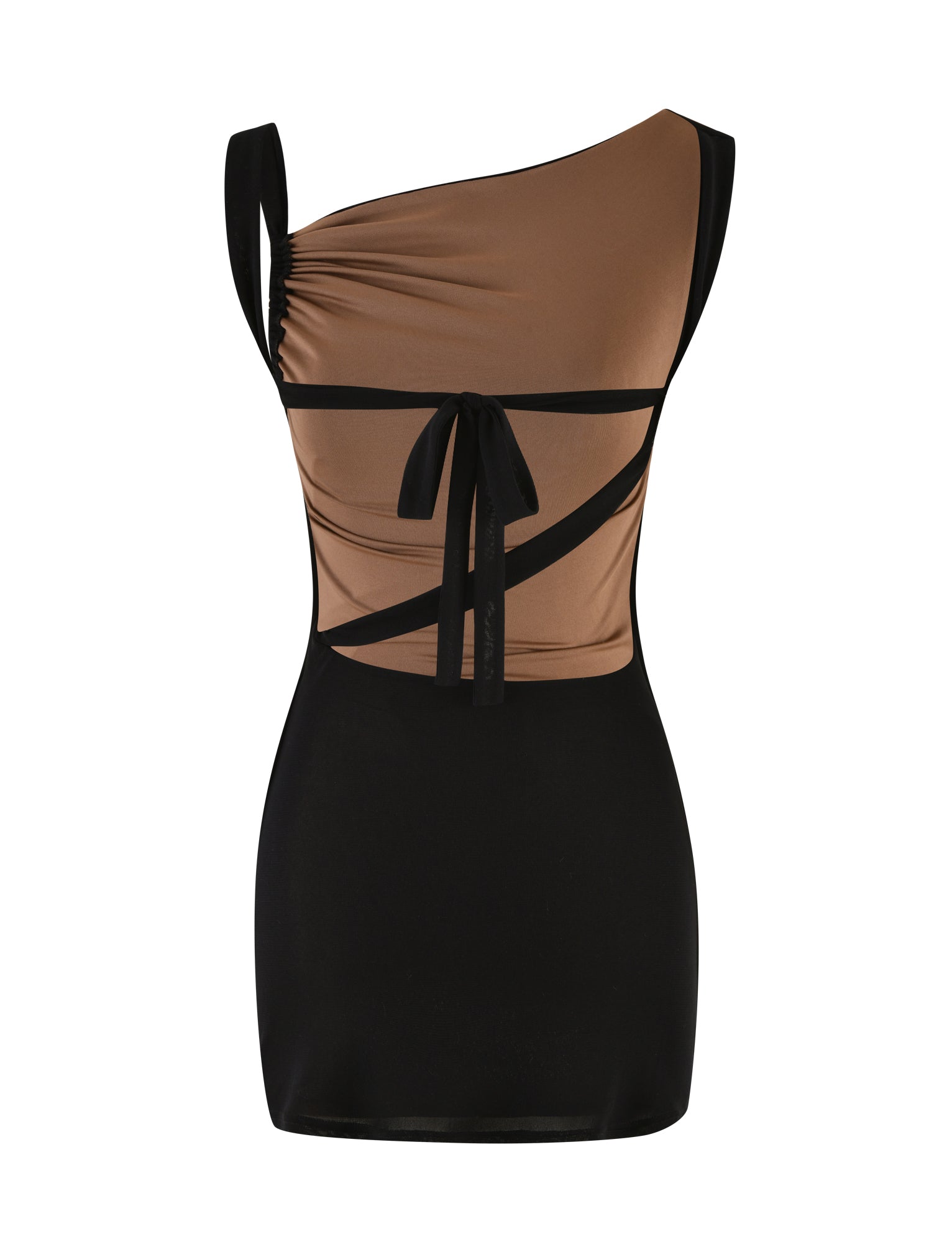 The TIGERMIST FREYA DRESS - BLACK is a sleeveless, one-shoulder mini dress with a fitted silhouette, adjustable asymmetrical neckline, black skirt, tan top with black trim, bow detail, and gathered shoulder for a soft, chic look.