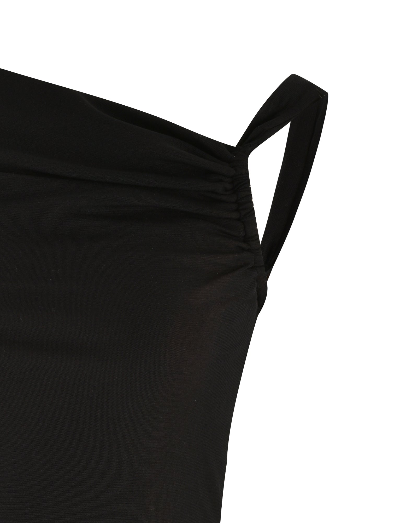 Close-up of the TIGERMIST FREYA DRESS in black, a sleeveless style with gathered shoulder detail, an adjustable asymmetrical neckline, and a single thin strap.