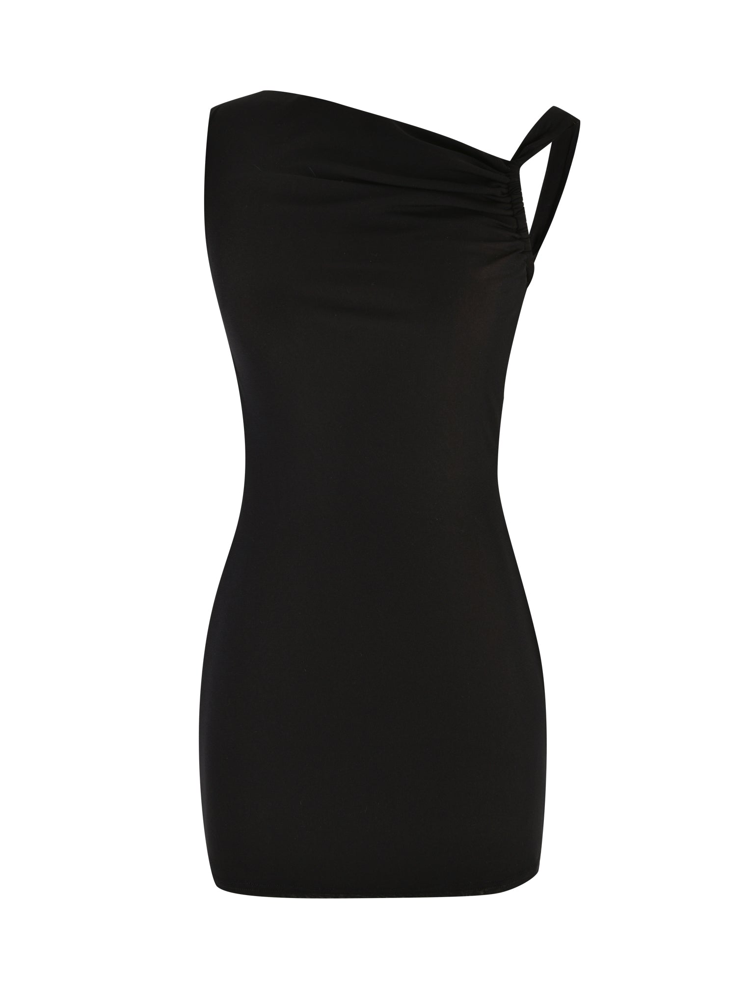 The FREYA DRESS by TIGERMIST is a black, form-fitting mini dress with a single right-side strap, an adjustable asymmetrical neckline, and a sleek, minimalist design in buttery soft fabric.