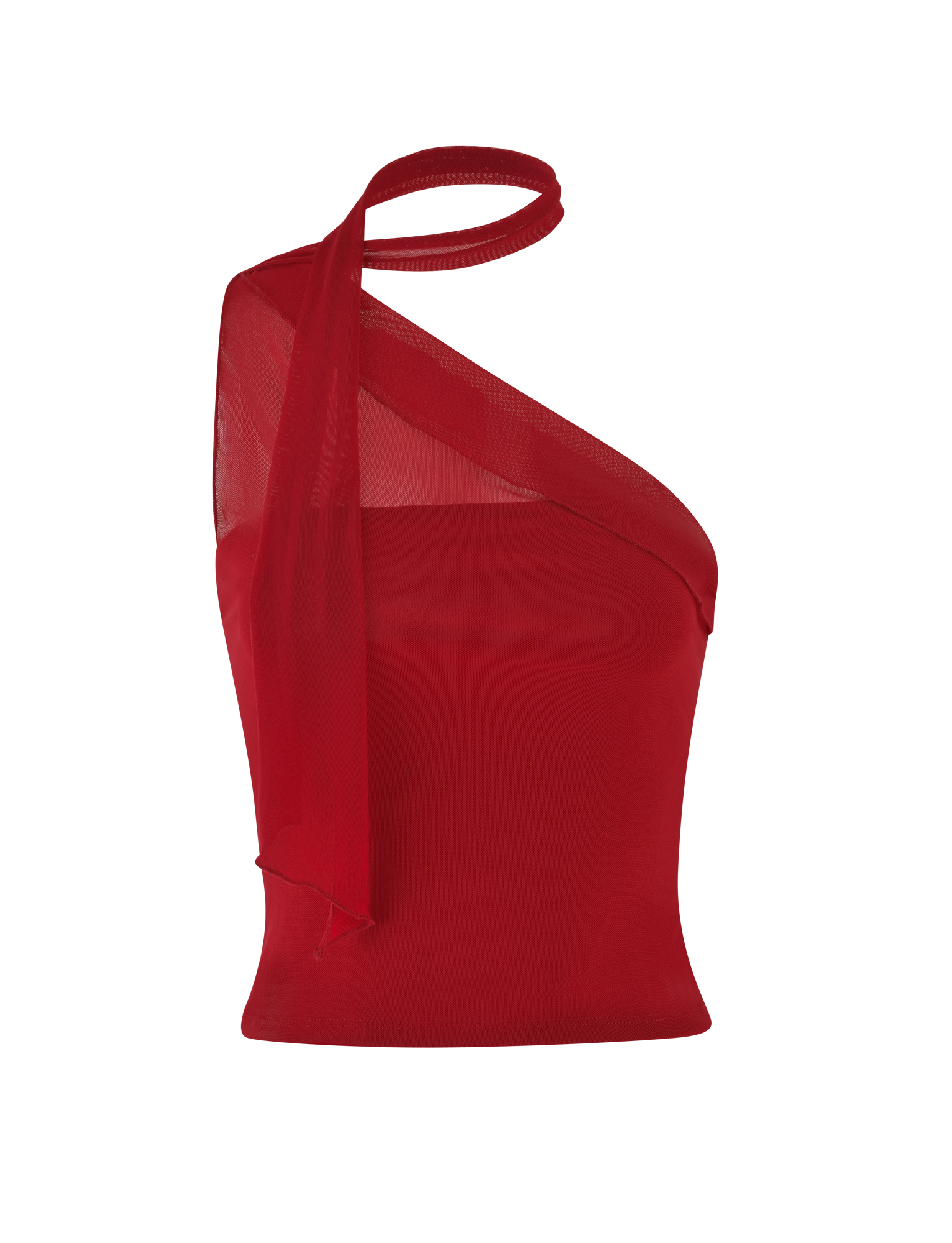 The FIONA TOP - RED by TIGERMIST is a stylish, fitted, sleeveless red top featuring a single-shoulder design with a sheer asymmetrical neck strap and an elegantly draped look.