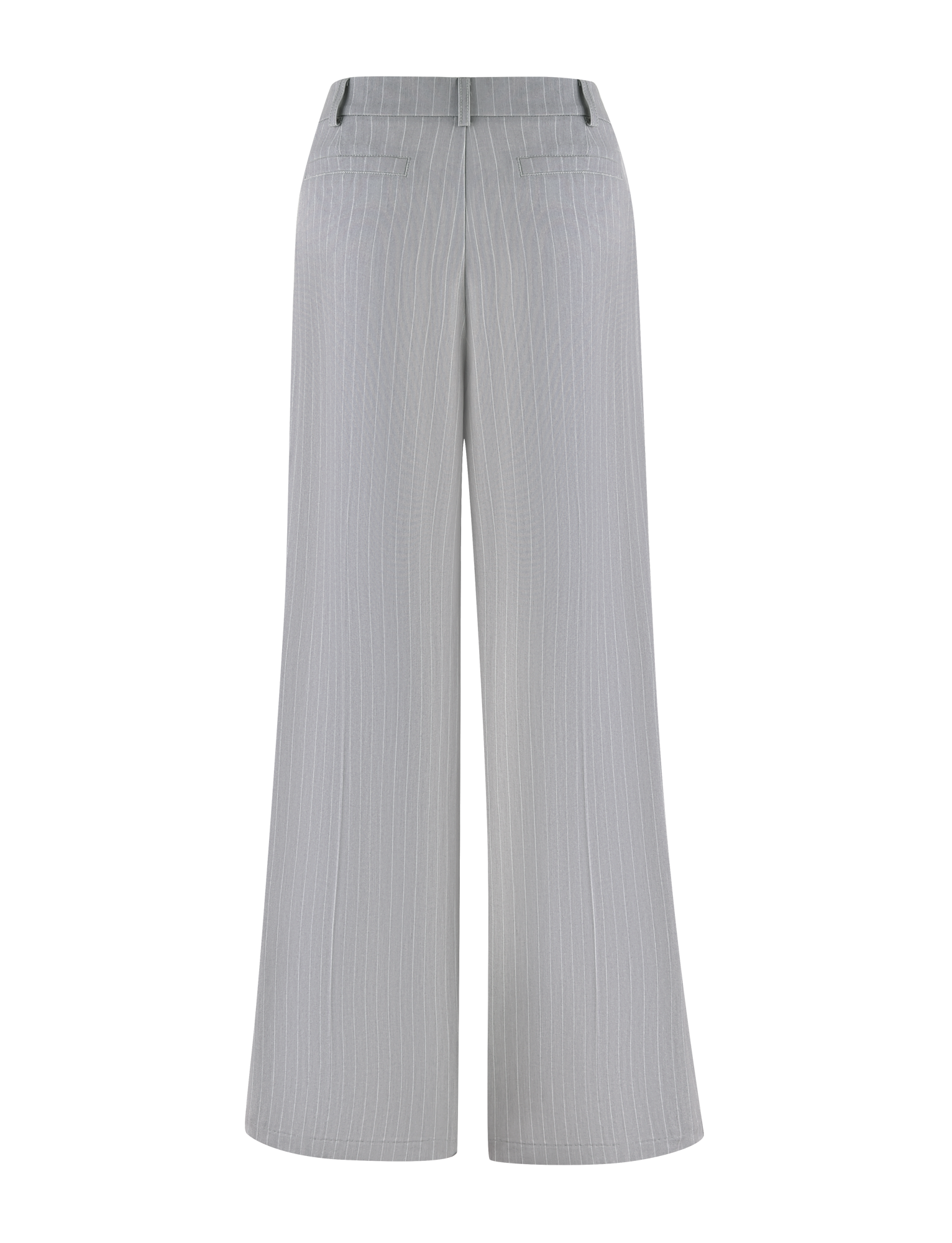 The AMBERLY SUIT PANT in grey pinstripe by TIGERMIST features a light gray wide-leg tailored fit, shown from the back with two welt pockets, classic belt loops, and is crafted from premium suiting fabric.