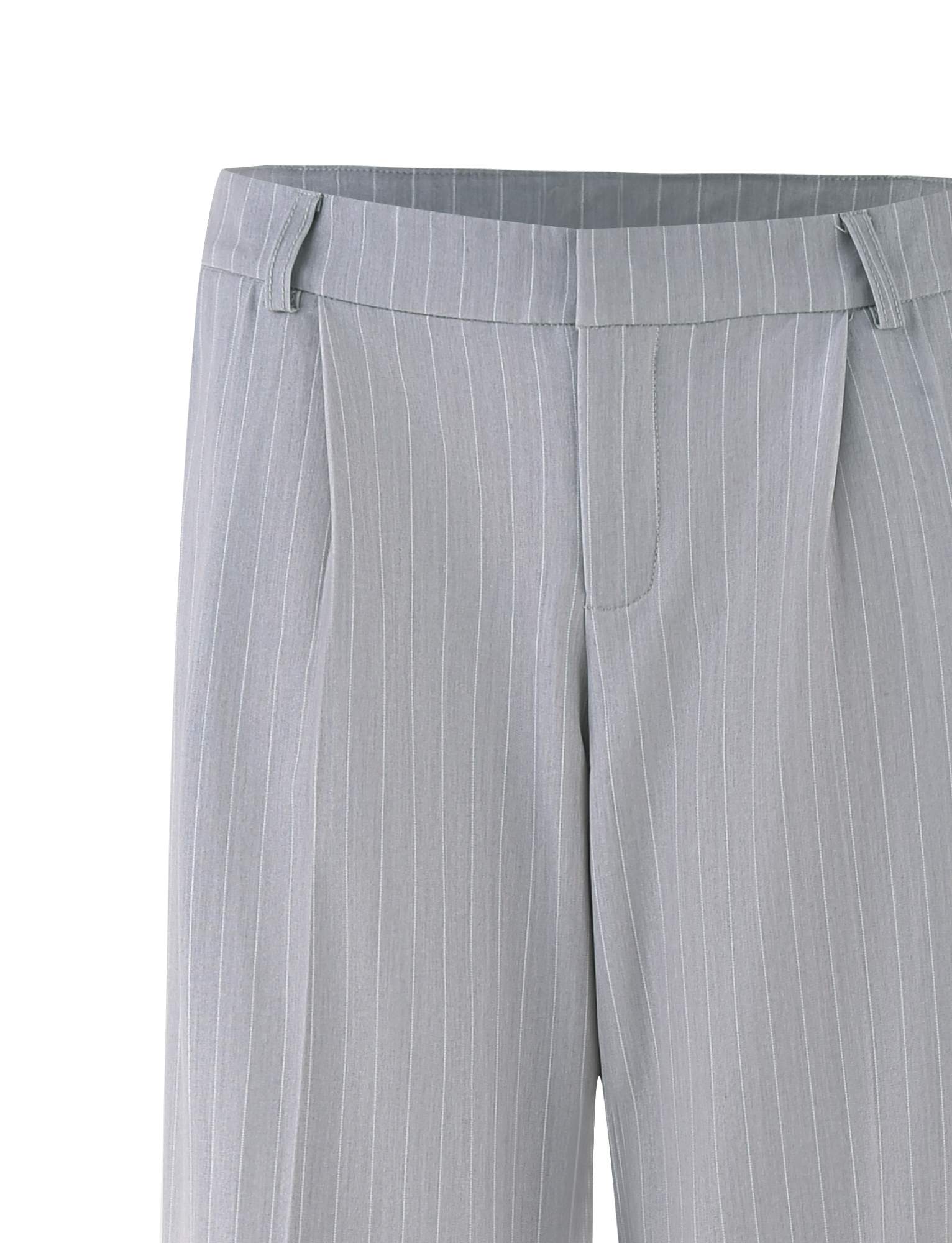 The AMBERLY SUIT PANT - GREY PINSTRIPE by TIGERMIST features white vertical pinstripes, belt loops, and waist pleats. Crafted from grey suiting fabric; only the upper half of the wide leg tailored pants is shown.