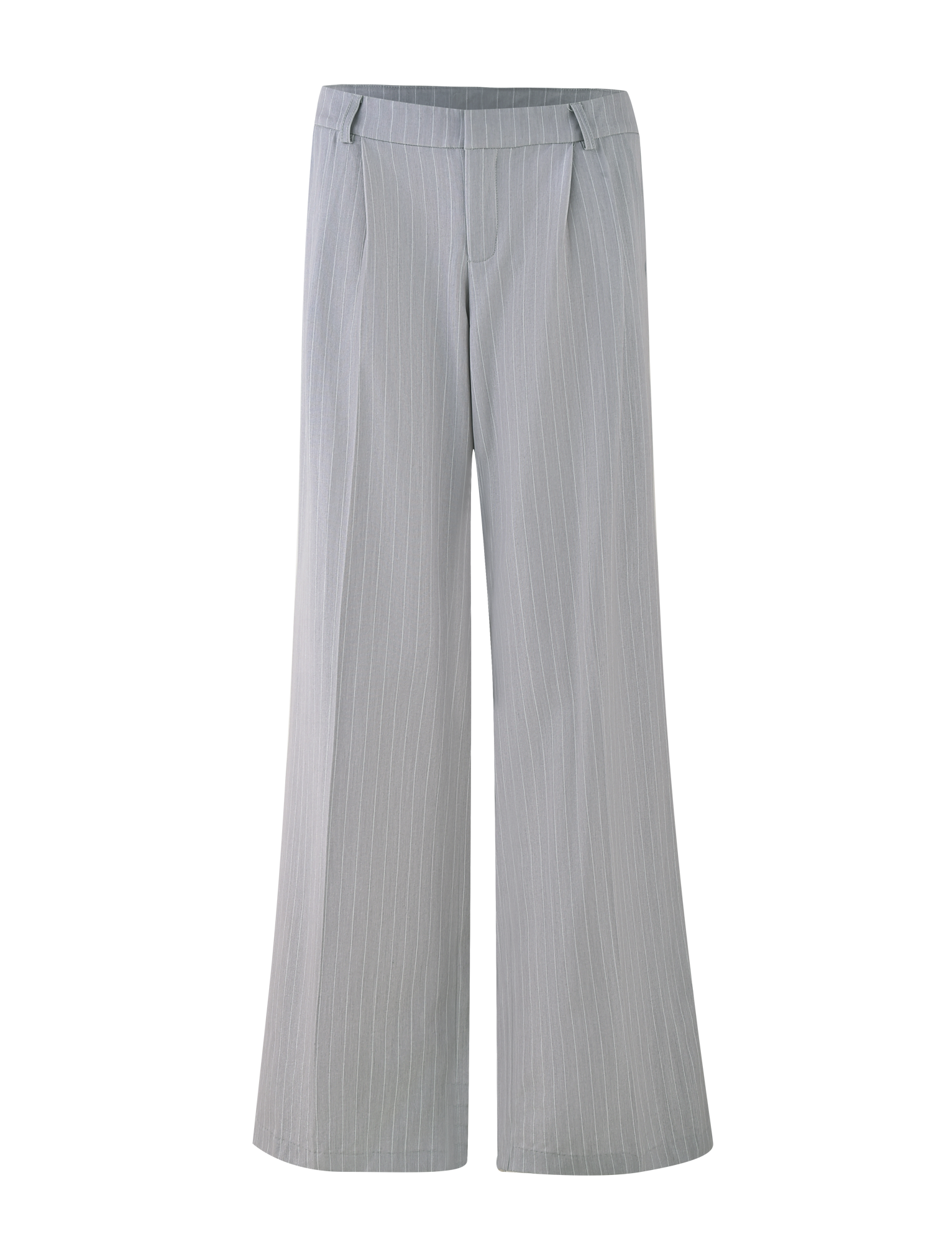 The TIGERMIST AMBERLY SUIT PANT in grey pinstripe features subtle detailing, classic belt loops, and a wide-leg tailored fit, shown against a plain background.