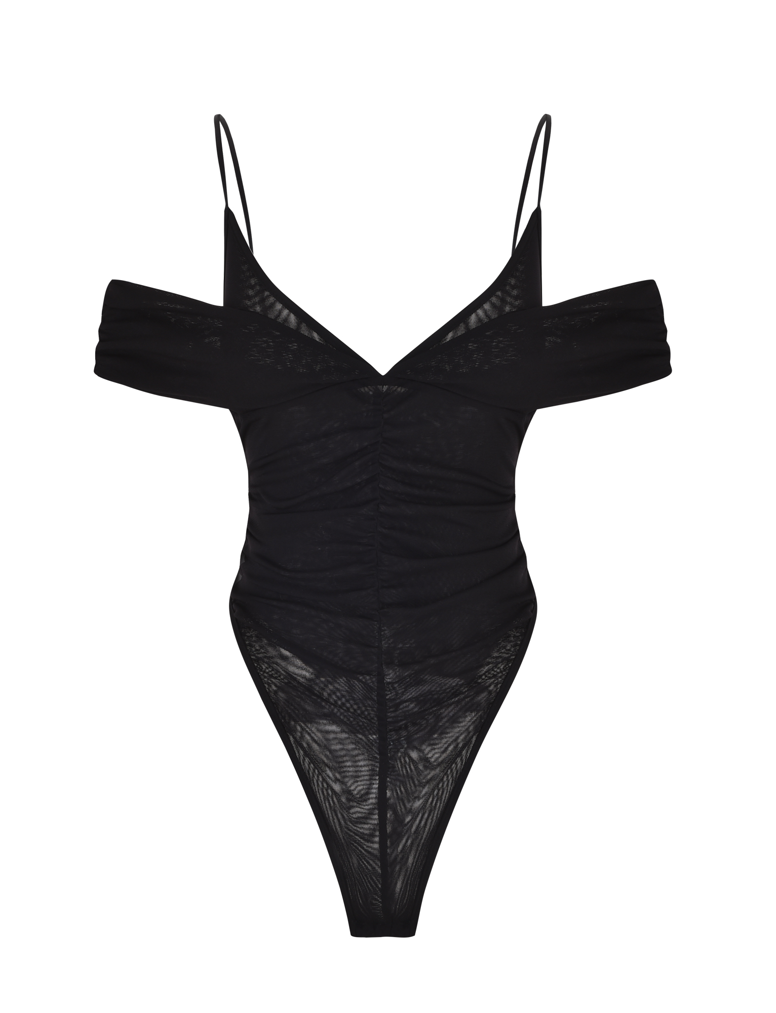 The TIGERMIST DRAYA BODYSUIT in black features an off-shoulder design with thin spaghetti straps, sheer mesh fabric, ruched front, and a bodycon fit with high-cut legs. Displayed on a plain white background.