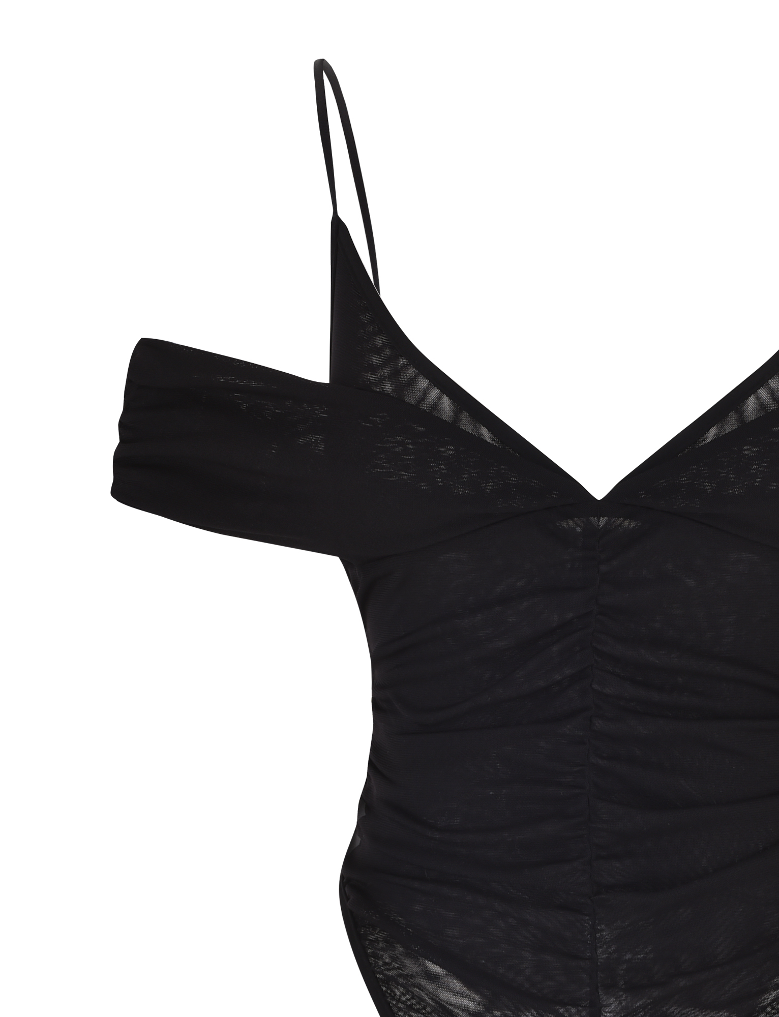 The DRAYA BODYSUIT - BLACK by TIGERMIST is a black off-shoulder mesh bodysuit with a bodycon fit, ruched front detailing, sheer fabric, and thin spaghetti straps.