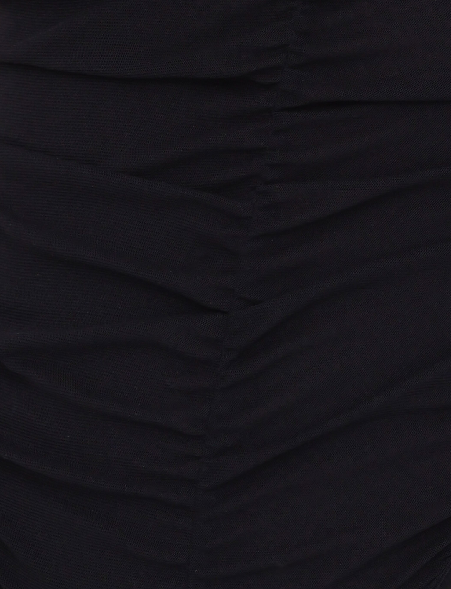 Close-up of the TIGERMIST DRAYA BODYSUIT - BLACK, featuring black ruched mesh fabric with horizontal gathers and pleats that create a textured, rippled surface and enhance its bodycon fit.
