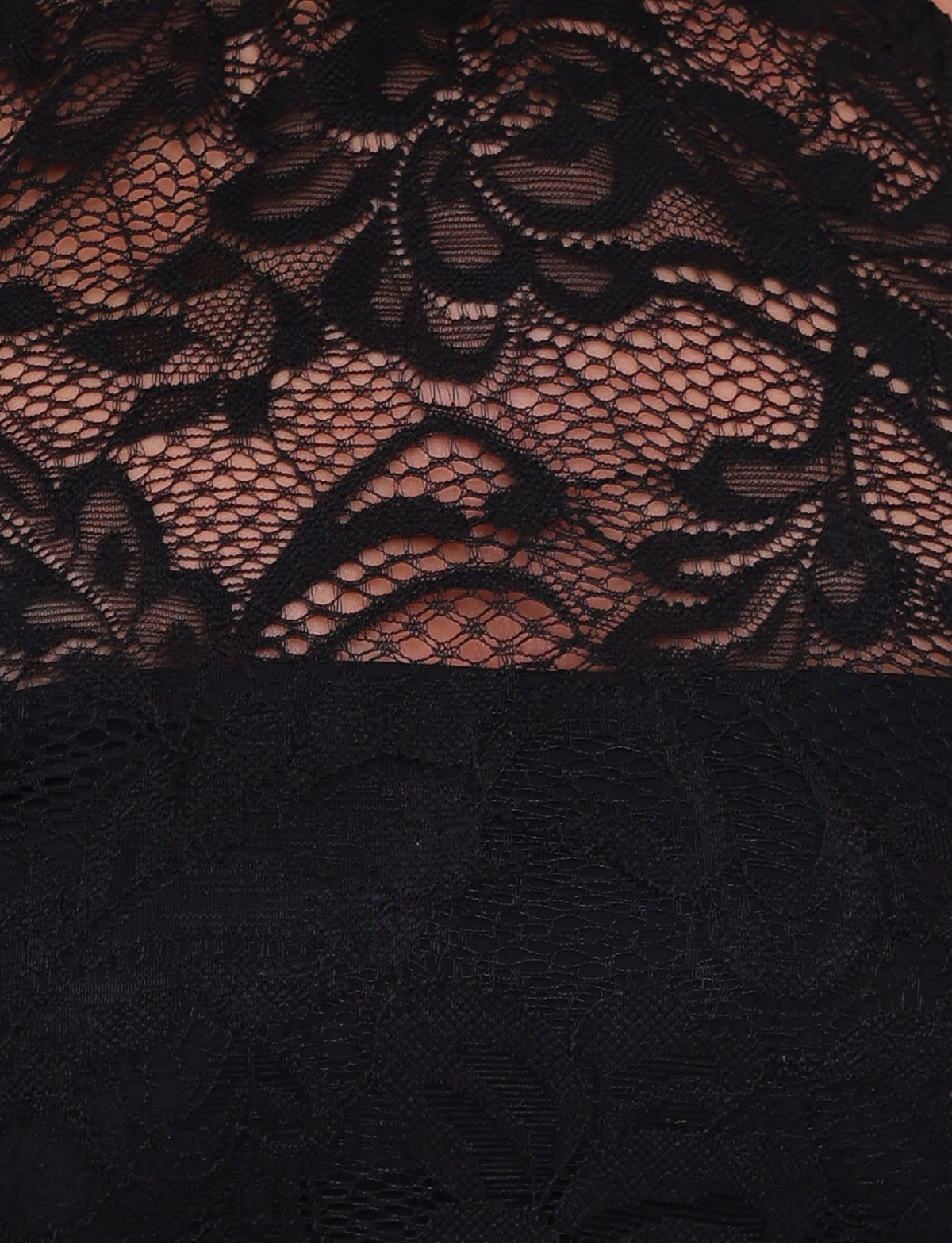 Close-up of the TIGERMIST SIYA LACE TOP in black, featuring sheer floral black lace over mesh that reveals a hint of skin at the top, paired with solid black fabric at the bottom.