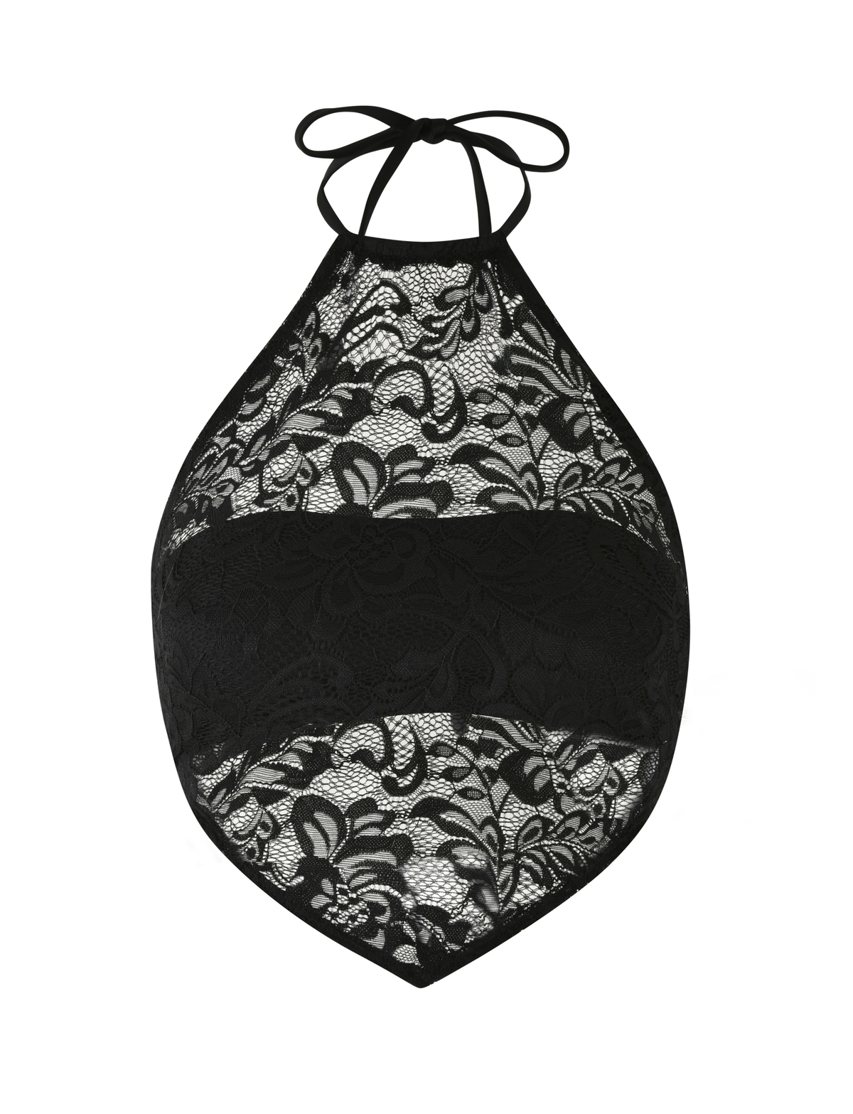 The TIGERMIST SIYA LACE TOP in black features a sheer floral lace halter design with neck tie straps and a solid black band across the chest.