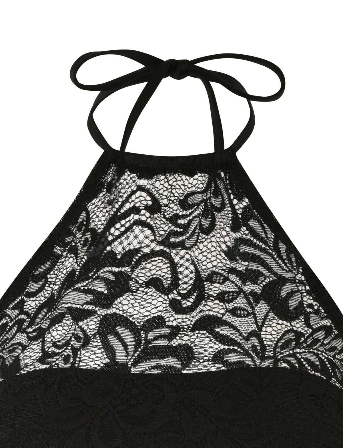 Close-up of the TIGERMIST SIYA LACE TOP - BLACK, featuring sheer black floral lace with a tie at the neck and open back, highlighting its elegant detailing and delicate design.