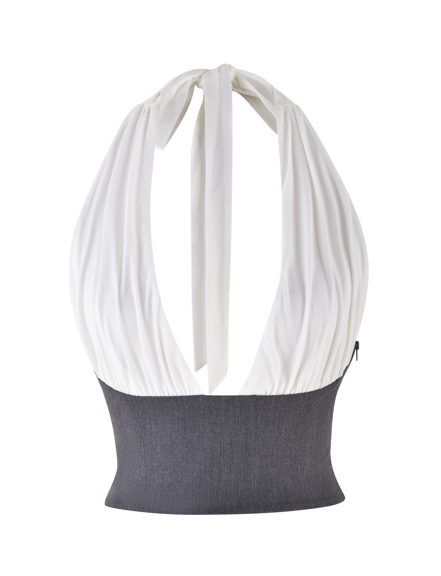 The TIGERMIST LOTUS TOP - CREAM : GREY is a cropped halter with a white gathered neckline that ties at the back, a fitted dark grey ribbed bottom with a stretch suiting waist panel, and an elegant open back that highlights the upper back.