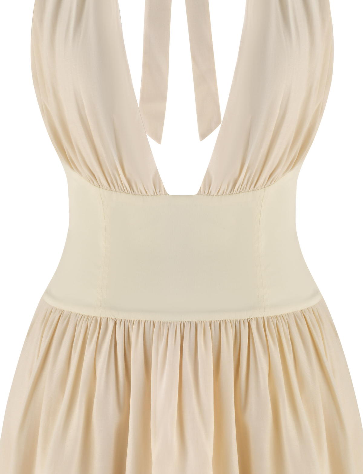 Close-up of the TIGERMIST CALISTA MINI DRESS - YELLOW : BUTTER, a halter mini with a plunging neckline, fitted waist panel, gathered skirt, and wide back neck ties.