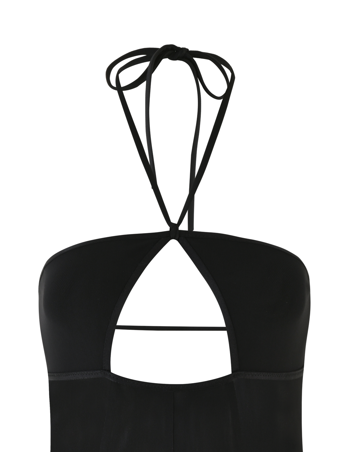 Close-up of the MELANIA BODYSUIT in black by TIGERMIST: a mesh halter neck design with a chest keyhole cutout, adjustable neck strap with tie fastening, and smooth, high-stretch fitted fabric.