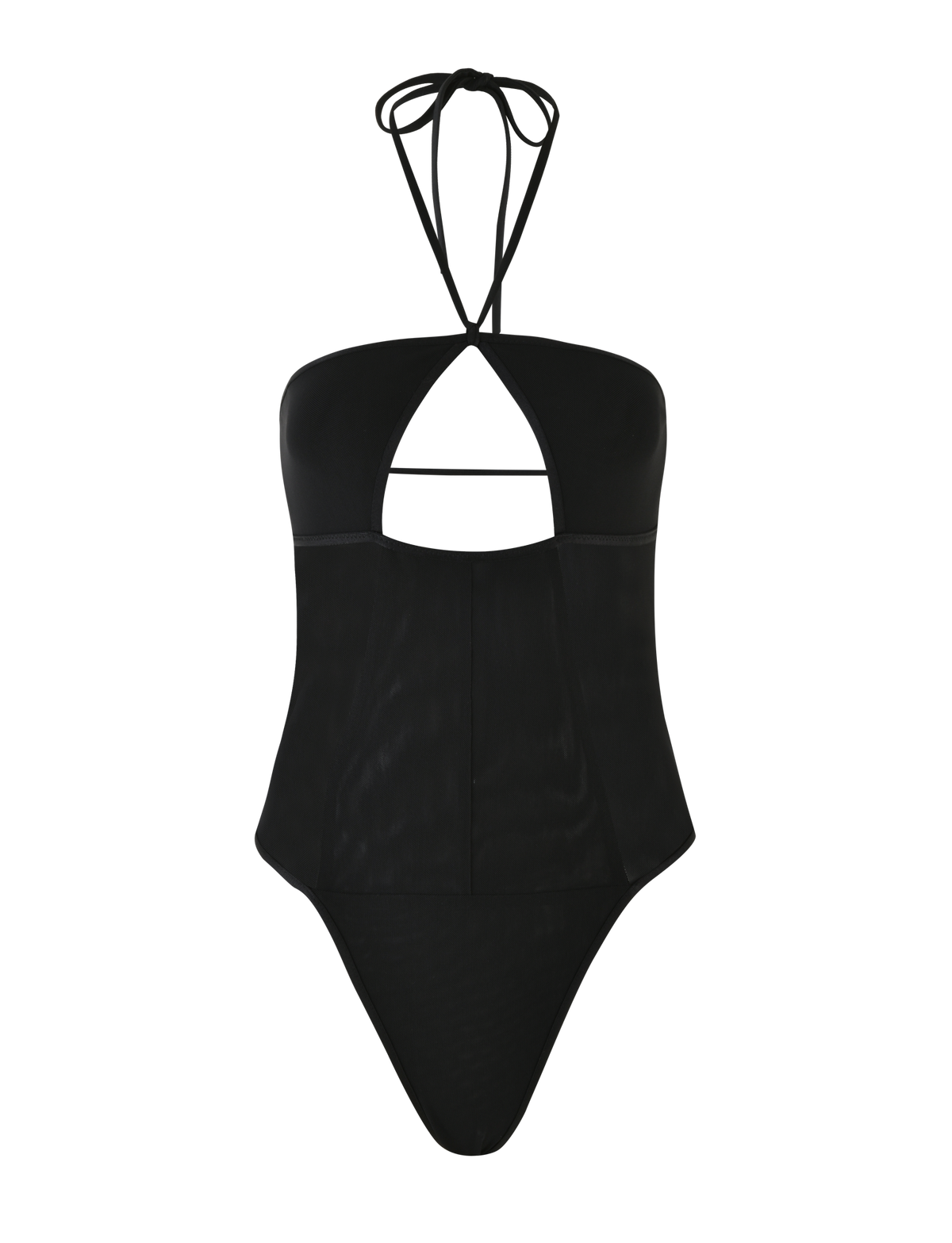 The MELANIA BODYSUIT - BLACK by TIGERMIST is a black, sleeveless halter neck mesh piece with chest cutout, structured paneling, adjustable strap, and high-cut thong bottom. Made from high stretch fabric for a bold style.