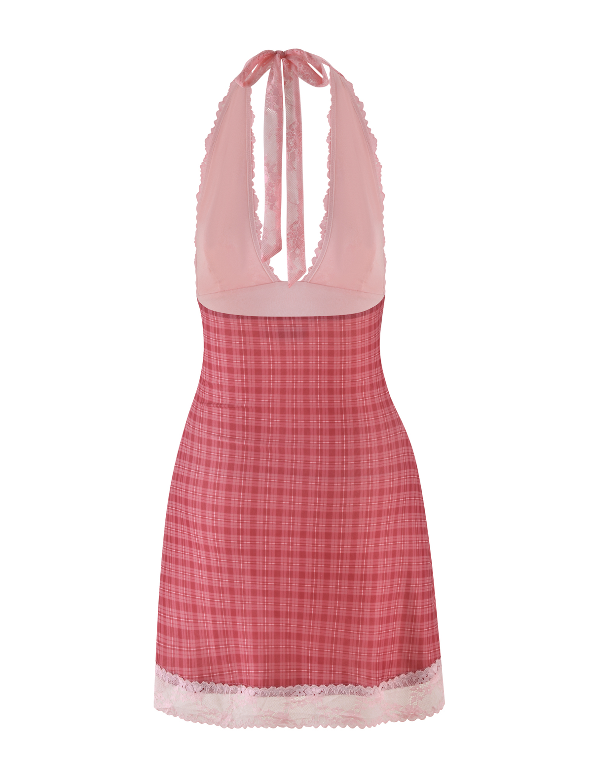 The NAVIA DRESS - RED CHECK by TIGERMIST features a deep V-neck halter with lace trim, a back neck tie, and a fitted skirt in soft pink and red plaid.