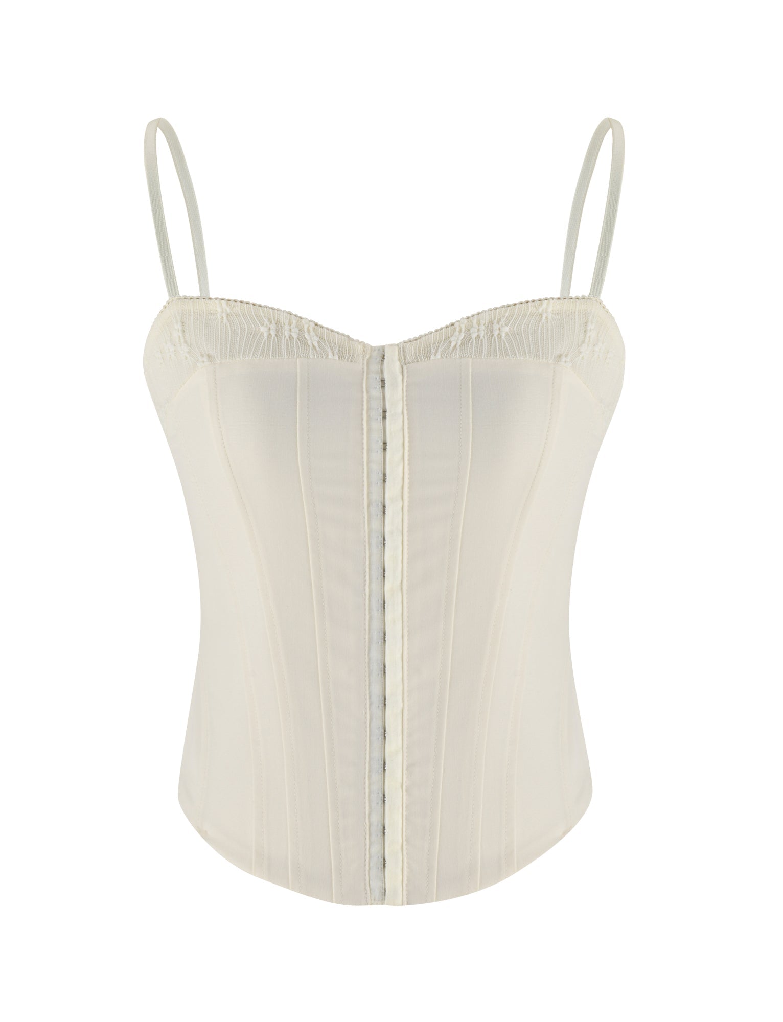 The ANTONELLA TOP by TIGERMIST in white, bone, or cream is a soft-touch suiting corset top with thin adjustable straps, vertical seams, and a structured, form-fitting silhouette.