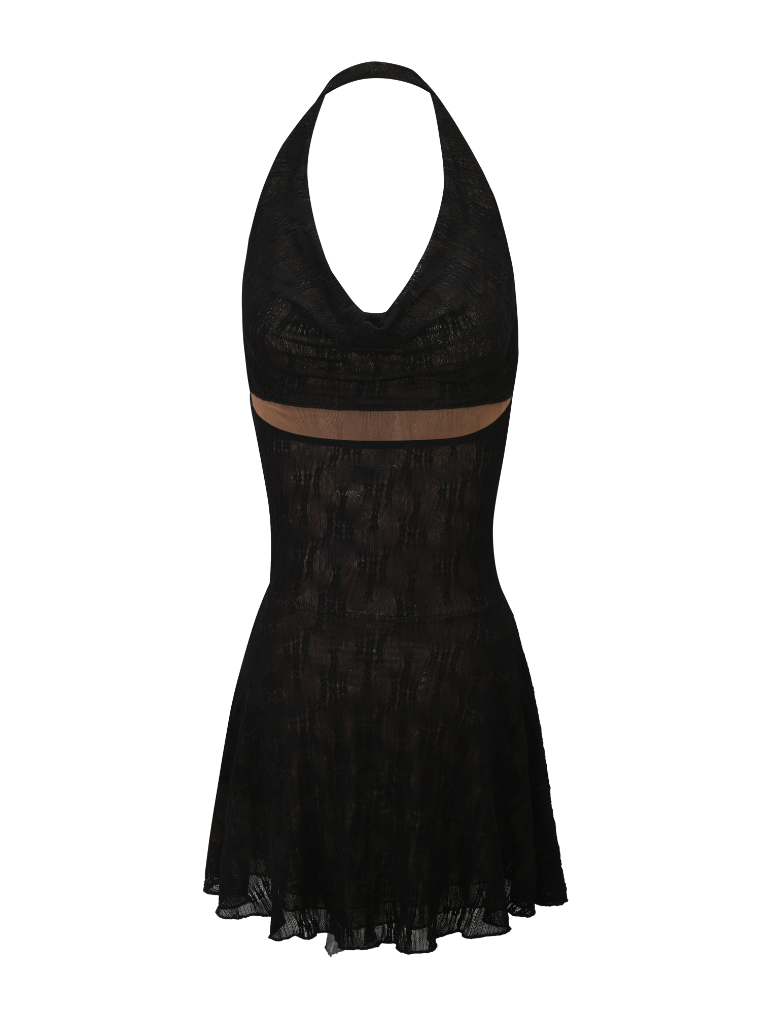 The FIORELLA DRESS by TIGERMIST features black lace, a halter neckline, sheer mesh under the bust, and a flared semi-transparent skirt. Its fit-and-flare silhouette is enhanced by a subtle textured pattern for added allure.