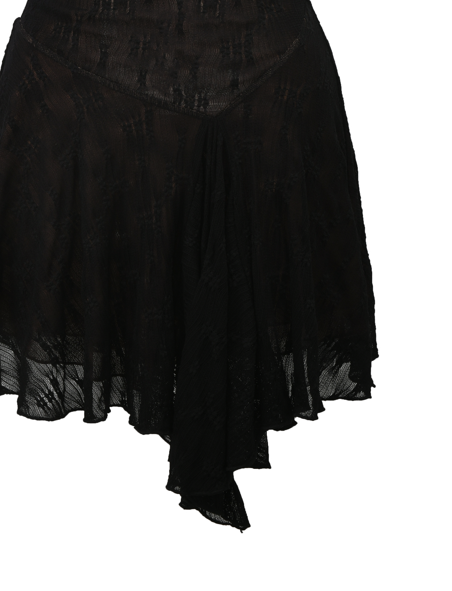 A close-up of the TIGERMIST FIORELLA DRESS in black lace shows its asymmetrical ruffle design, semi-sheer flowing uneven hemline, and fit-and-flare silhouette against a white background.