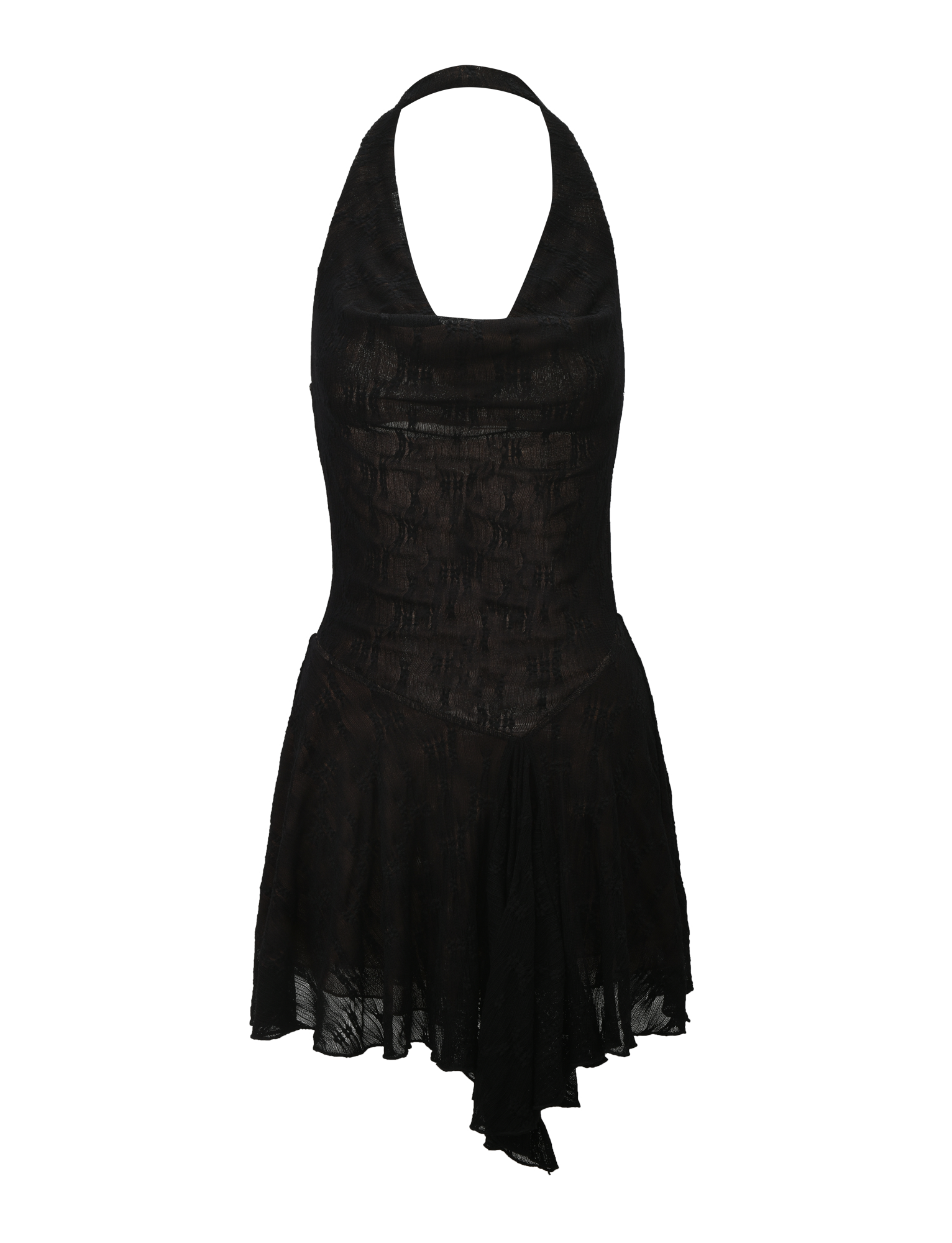 The TIGERMIST FIORELLA DRESS - BLACK LACE features a halter neckline, fitted bodice, and asymmetrical ruffle skirt in sheer textured fabric, creating an elegant fit and flare silhouette perfect for any occasion.