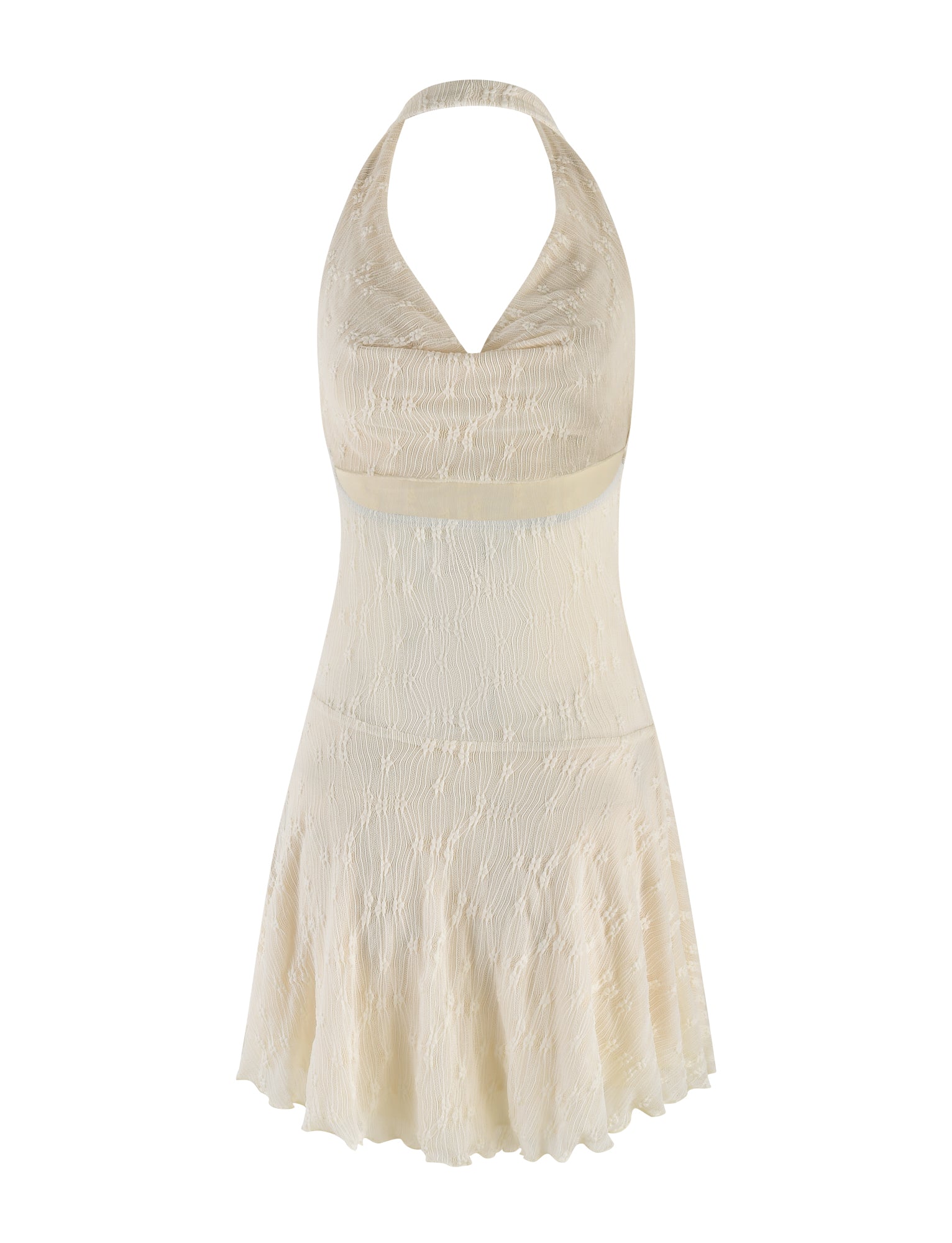 The FIORELLA MINI DRESS by TIGERMIST features a cream lace design with a halter neck, deep V-neckline, flared skirt, and textured fabric—sleeveless, lightweight, and perfect for summer or casual wear.