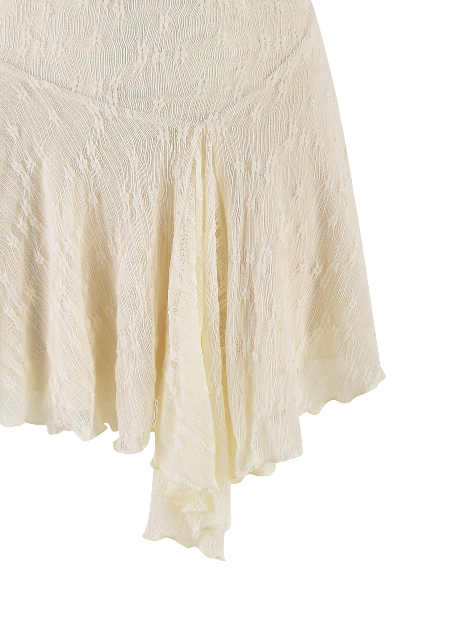The FIORELLA MINI DRESS by TIGERMIST features cream lace on white, a textured floral pattern, an asymmetrical hem, and a soft, flowing drape with lightweight, slightly sheer fabric.