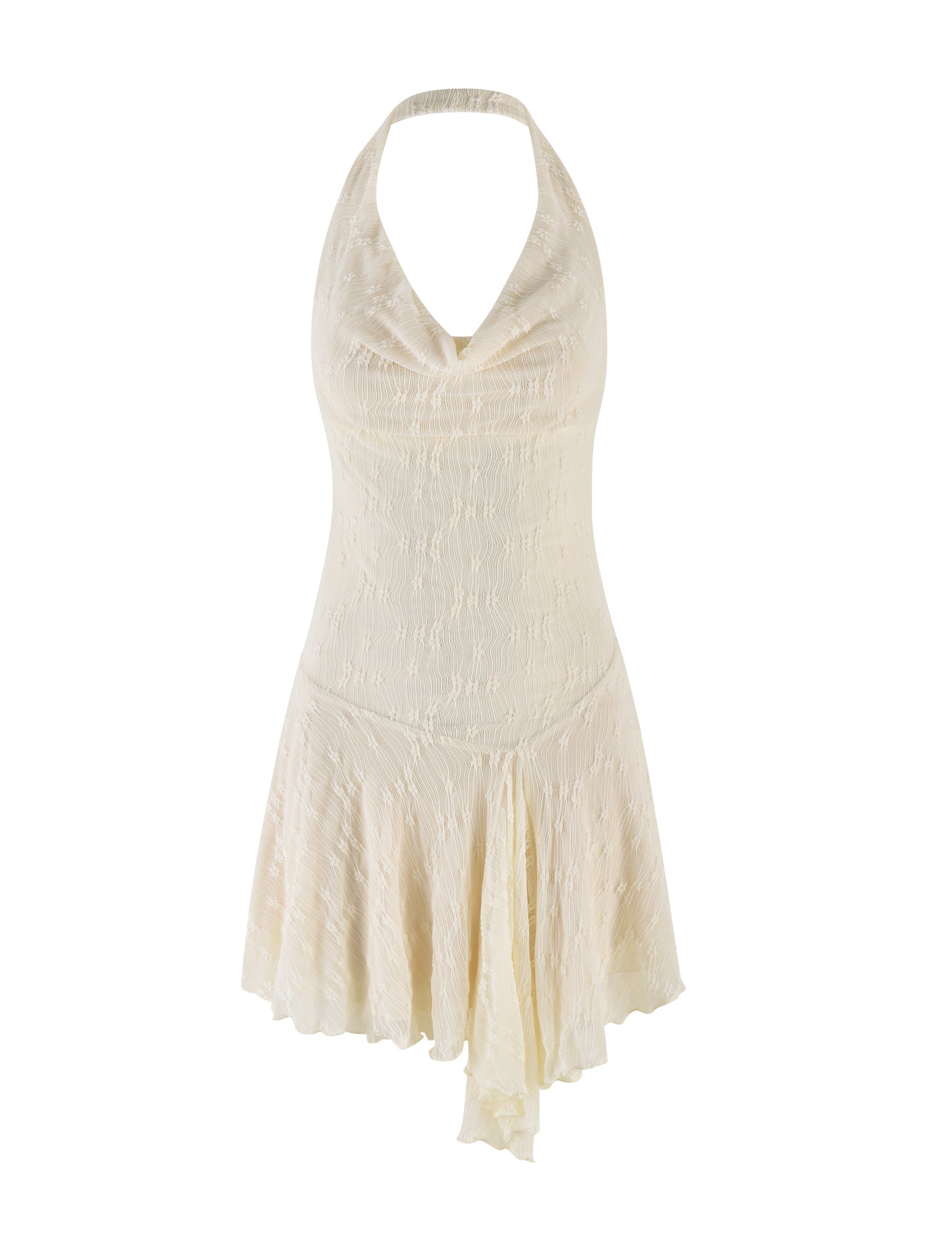 The FIORELLA MINI DRESS by TIGERMIST features a sleeveless cream lace design with a halter neck, draped cowl neckline, fitted bodice, and asymmetrical flowy skirt, finished with a subtle textured pattern for an elegant touch.
