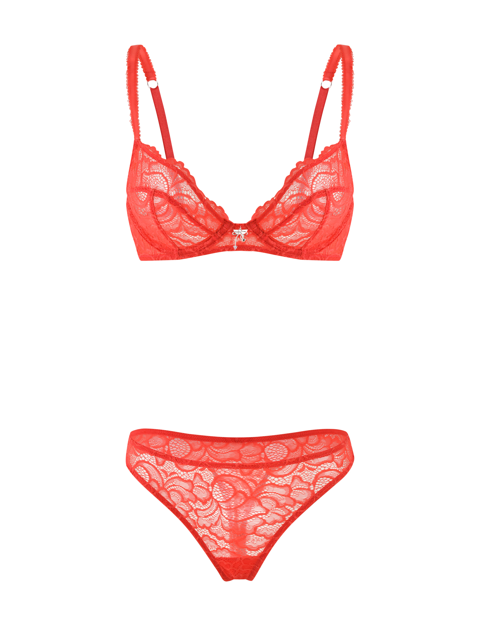 The SIRENE SET 2.0 - RED by TIGERMIST is a red lace lingerie set with a bra featuring adjustable straps and a center bow, plus matching lace panties, shown on a white background.