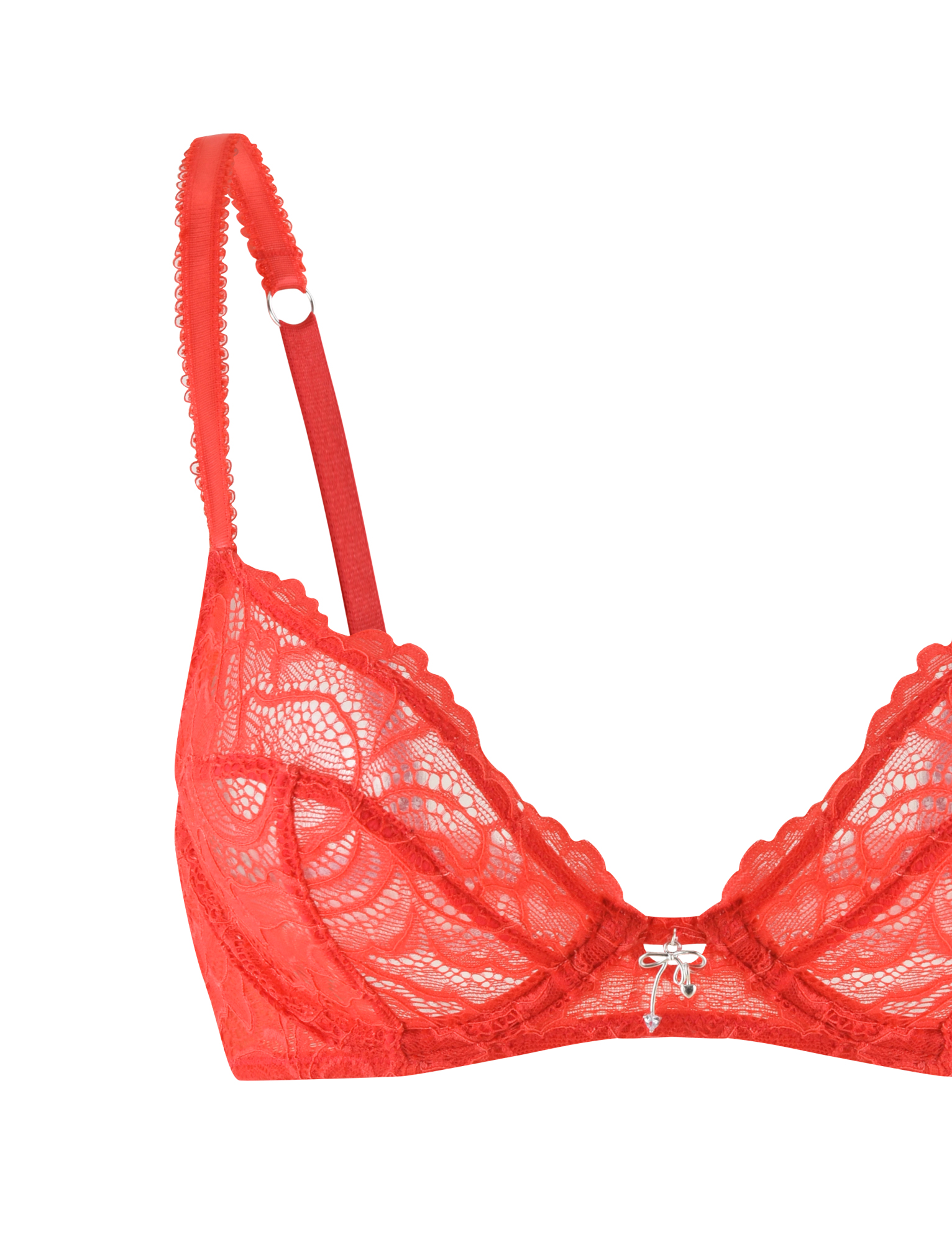A close-up of the SIRENE SET 2.0 - RED bra by TIGERMIST, featuring adjustable straps, a center decorative bow, and a delicate floral lace pattern.