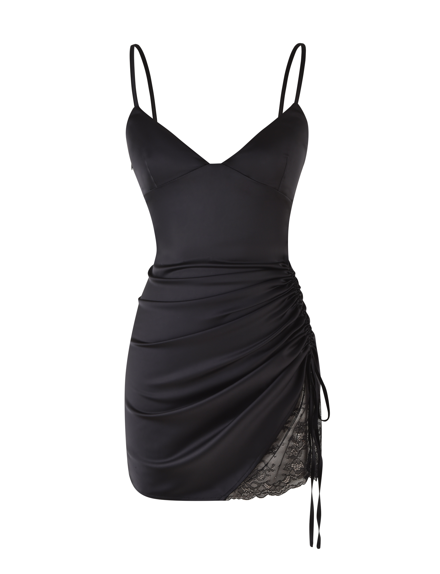 The BEXLEY MINI DRESS by TIGERMIST is a black satin mini with thin straps, V-neckline, adjustable gathered sides, ruched one-side detailing, and a lace panel trim peeking from its asymmetrical hem.