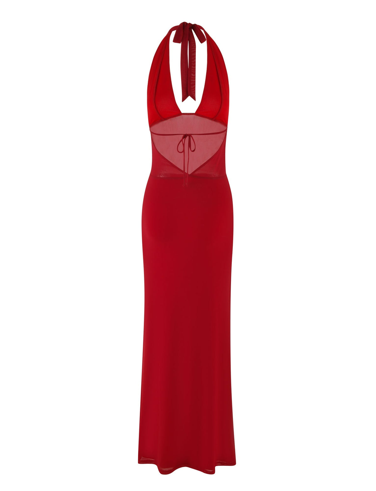 The BRESILY MAXI DRESS by TIGERMIST is a sleeveless, floor-length red dress featuring halter straps, a sheer midsection, a tie detail under the bust, and a fitted silhouette.