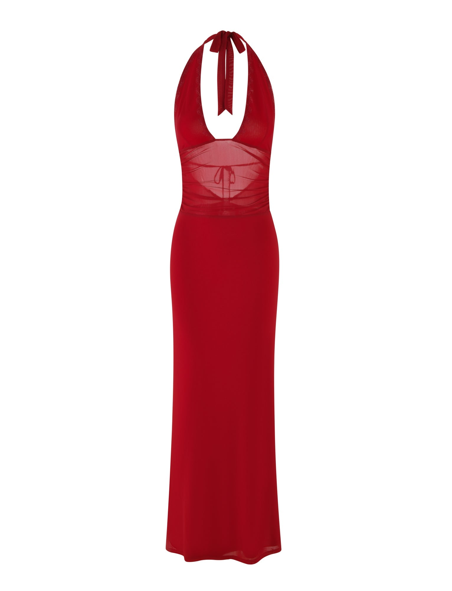 The TIGERMIST BRESILY MAXI DRESS in red is a sleeveless, floor-length dress featuring halter straps, a sheer mesh midsection panel, and a tie detail at the bust.