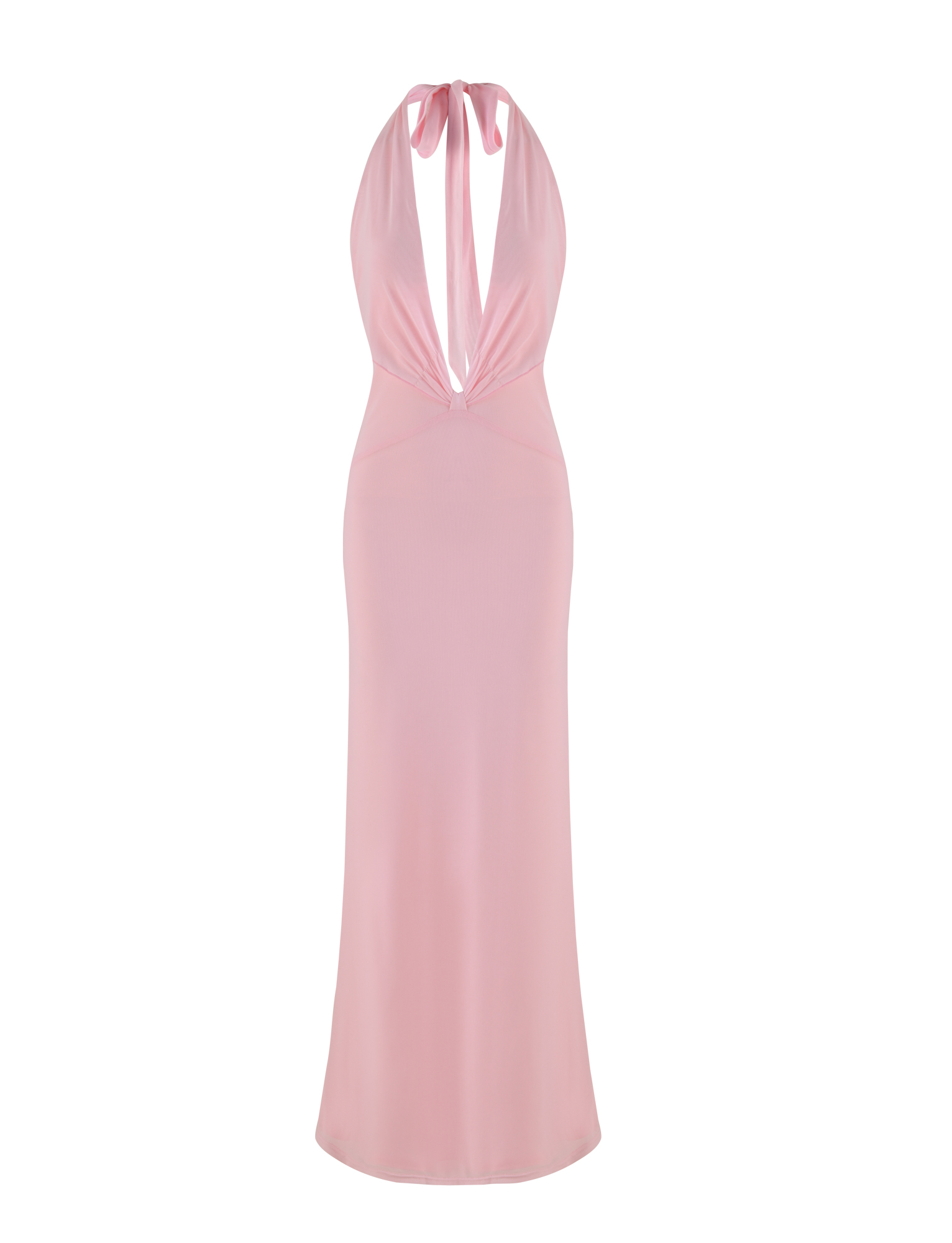 The TIGERMIST CRESSIDA MAXI DRESS in baby pink features a halter neck with ties, a plunging neckline, a fitted bodice, and a flowing maxi skirt for an elegant look.