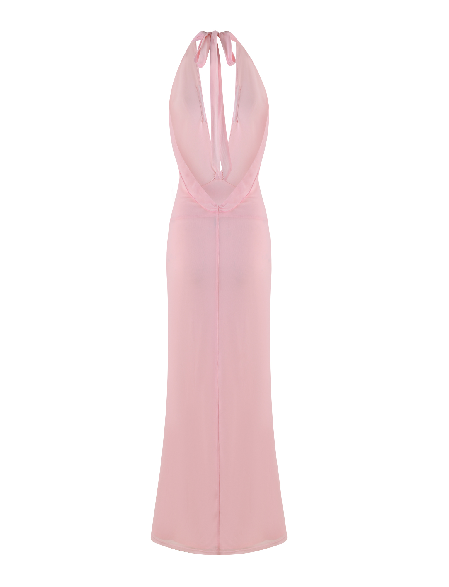 The TIGERMIST CRESSIDA MAXI DRESS in baby pink is a sleeveless halter neck dress with a tie neckline, deep draped back, subtle vertical back seam, and a long, fitted maxi silhouette.