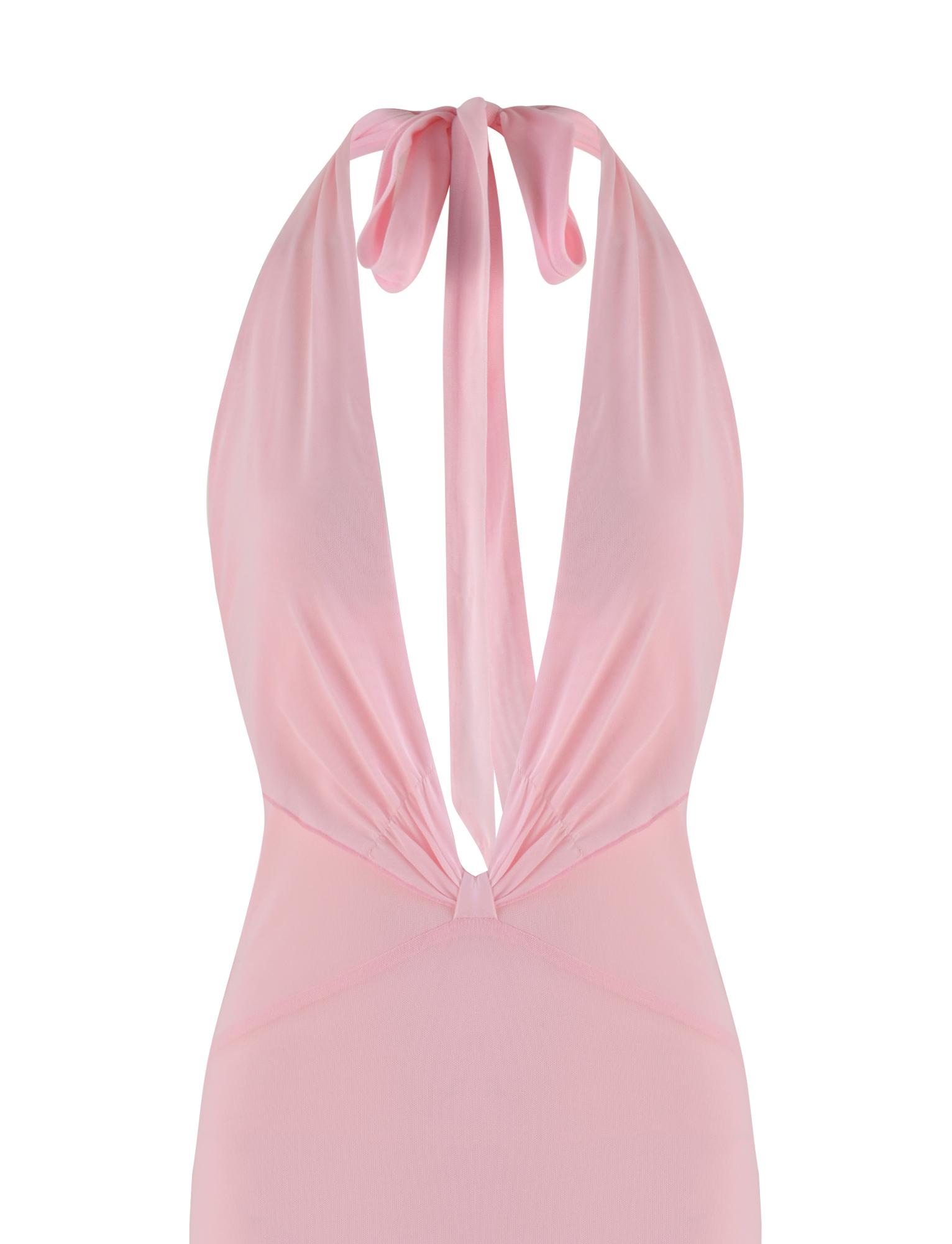 The TIGERMIST CRESSIDA MAXI DRESS in baby pink is a sleeveless halter neck dress featuring a plunging neckline and neck tie, displayed against a white background.