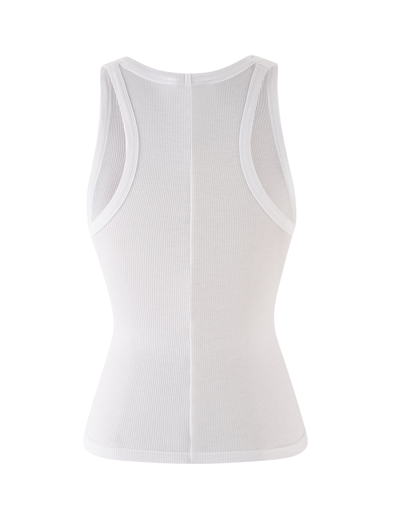 Back view of the TIGERMIST RAFAELLA TANK - WHITE featuring a racerback, bodycon fit, sleeveless ribbed design, and lightweight stretchy fabric.