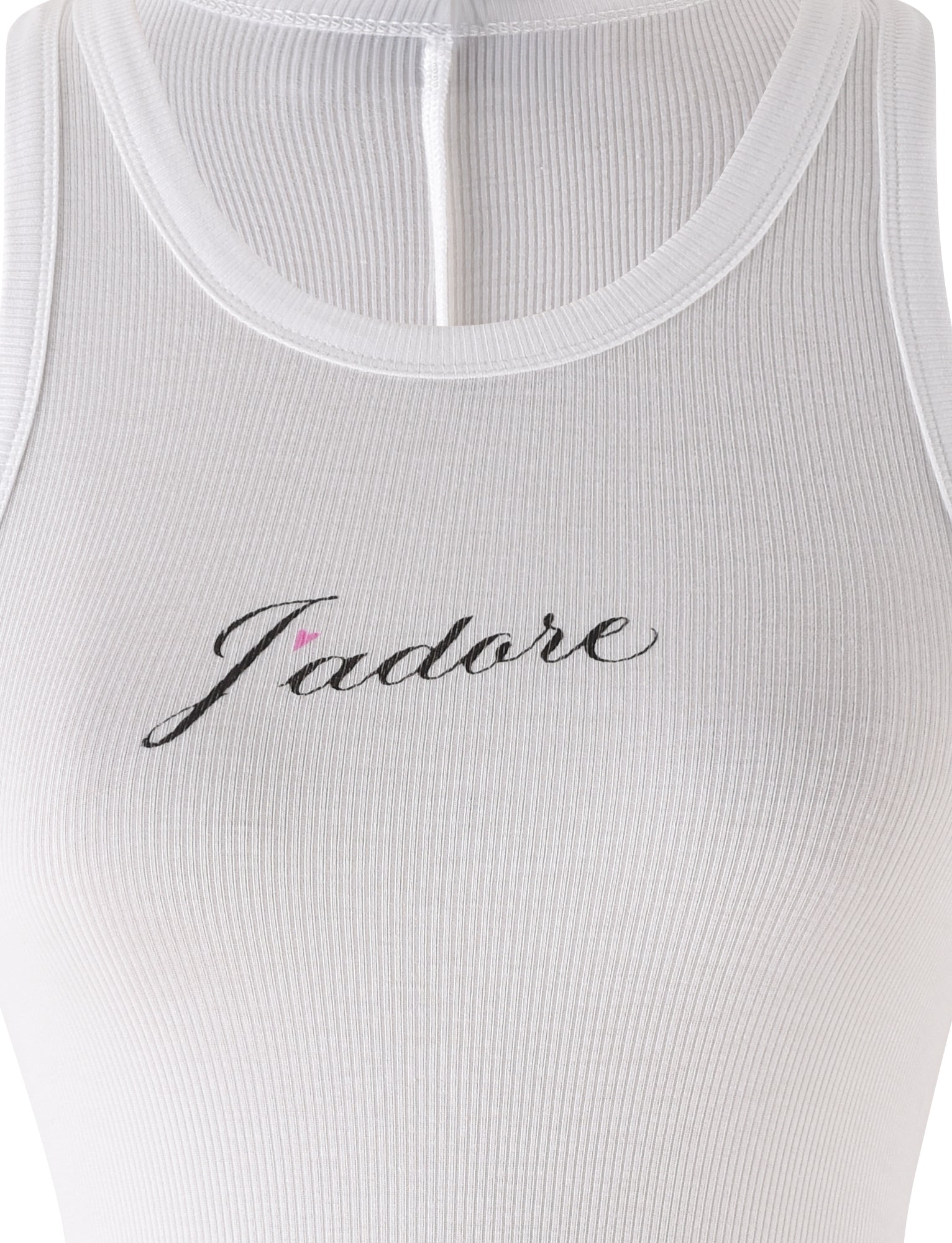 A close-up of the RAFAELLA TANK - WHITE by TIGERMIST, shown on a mannequin, features ribbed white fabric and "J'adore" in black cursive across the chest.