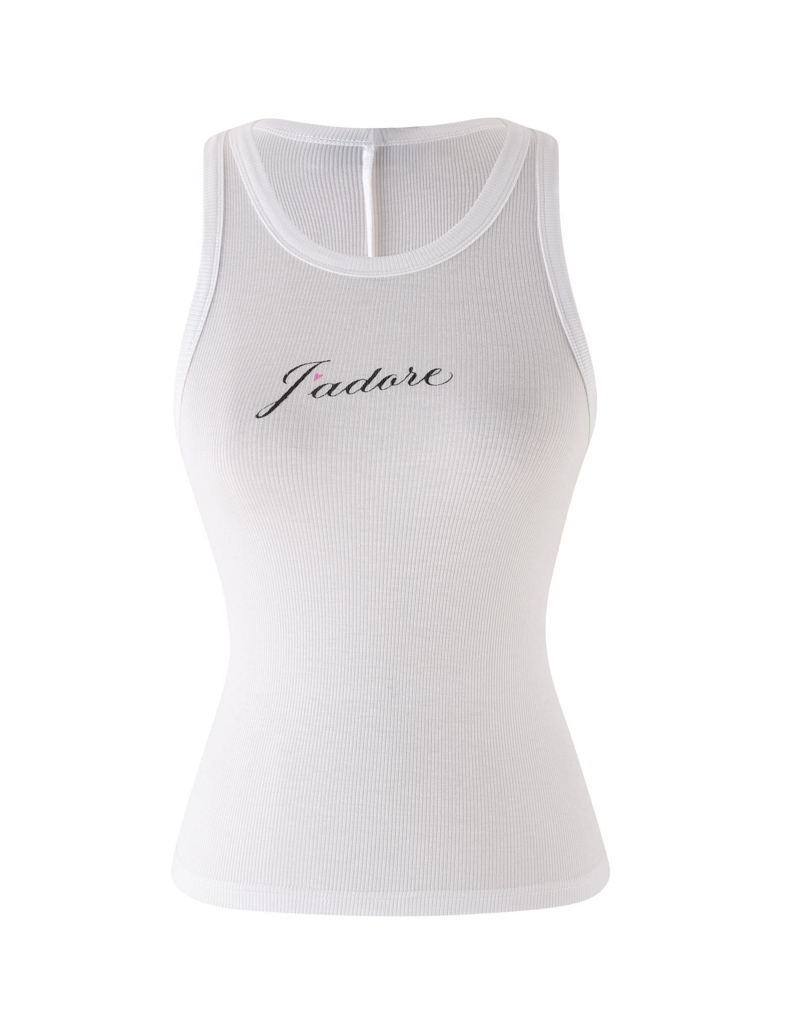 The RAFAELLA TANK by TIGERMIST is a white ribbed racerback tank top with a bodycon fit and "J'Adore" in black cursive across the chest.