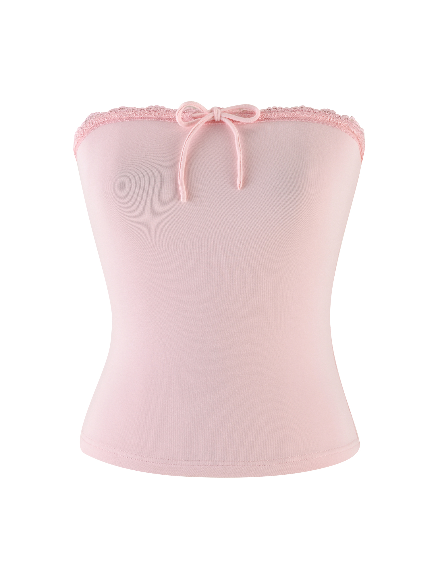 The TIGERMIST MIRELLE TOP in pastel pink is a strapless tube top featuring lace trim along the top edge and a small center bow, shown against a white background.