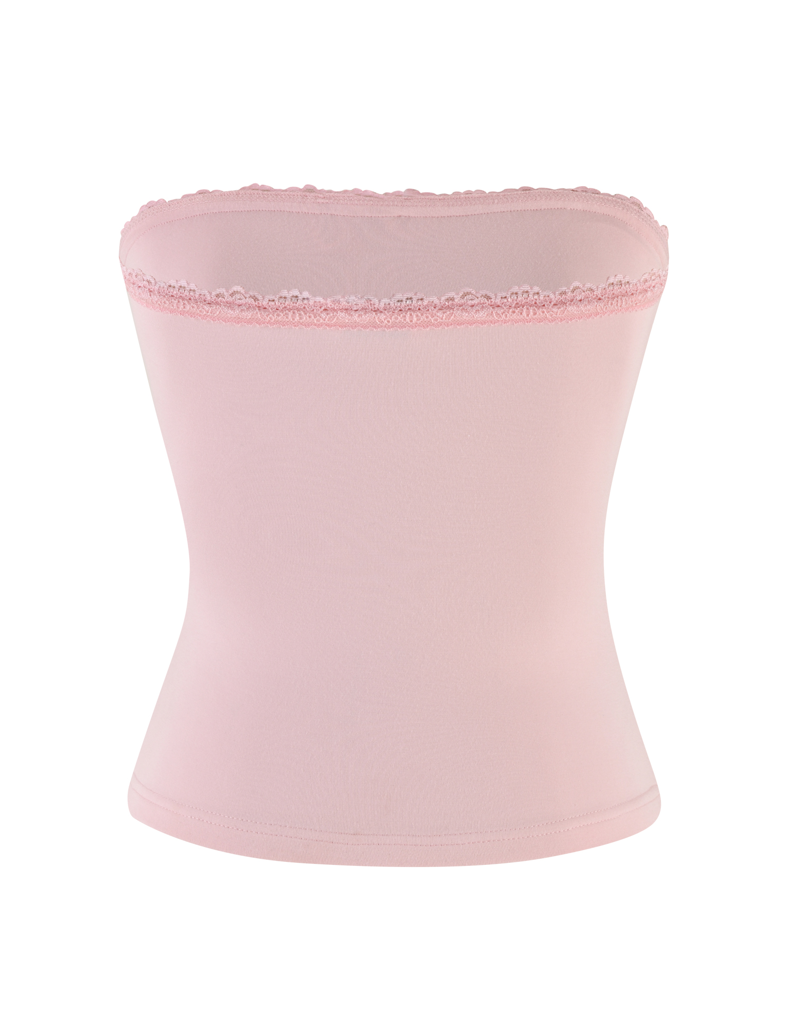 The MIRELLE TOP - PINK by TIGERMIST features a pastel pink, seamless tube design with a straight neckline and delicate lace trim, styled on a plain white background. The fabric looks smooth and slightly stretchy.