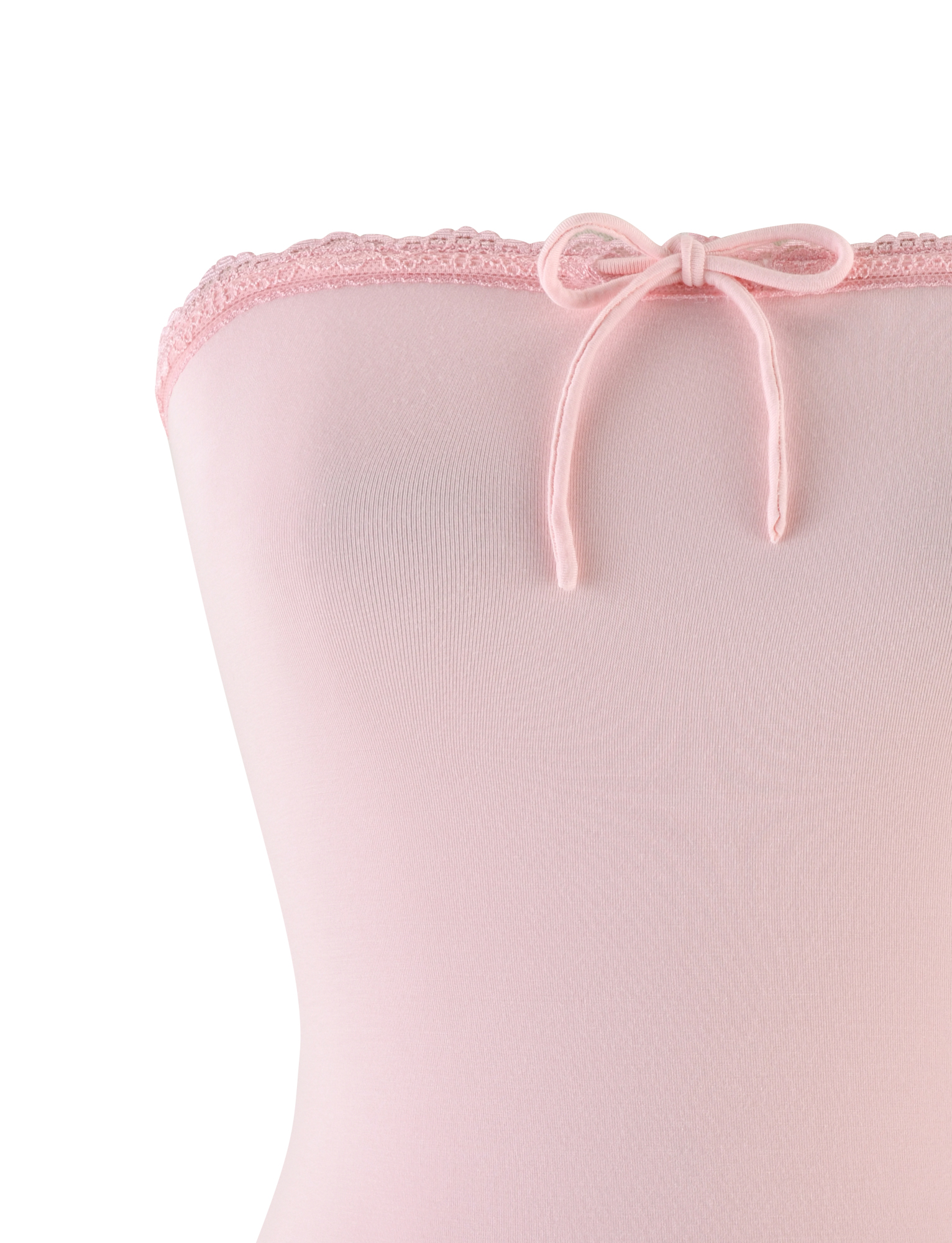Close-up of the TIGERMIST MIRELLE TOP in pastel pink, featuring a strapless design with lace trim and a center bow. The background is white.