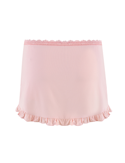 The TIGERMIST MIRELLE SKORT in pastel pink features a light pink satin finish, ruffled hem, and lace trim at the waistband, shown on a white background.
