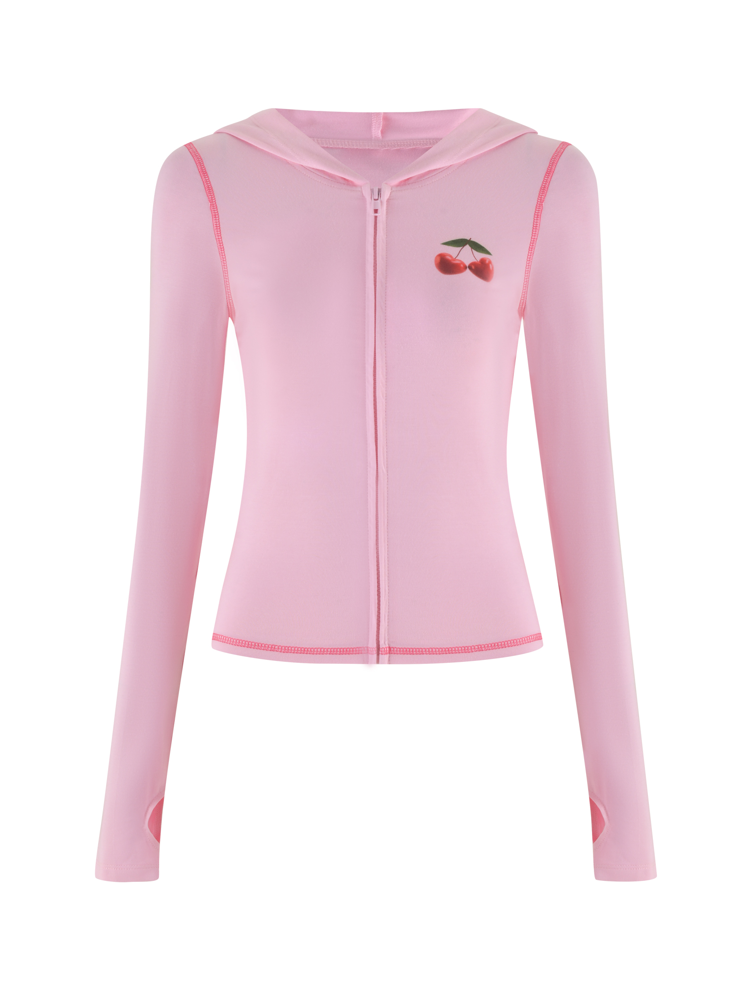 The TIGERMIST BLAYZE HOODIE - PINK is a soft pink, fitted zip-up hoodie with long sleeves, thumb holes, and a small cherry graphic on the left chest for a simple look.