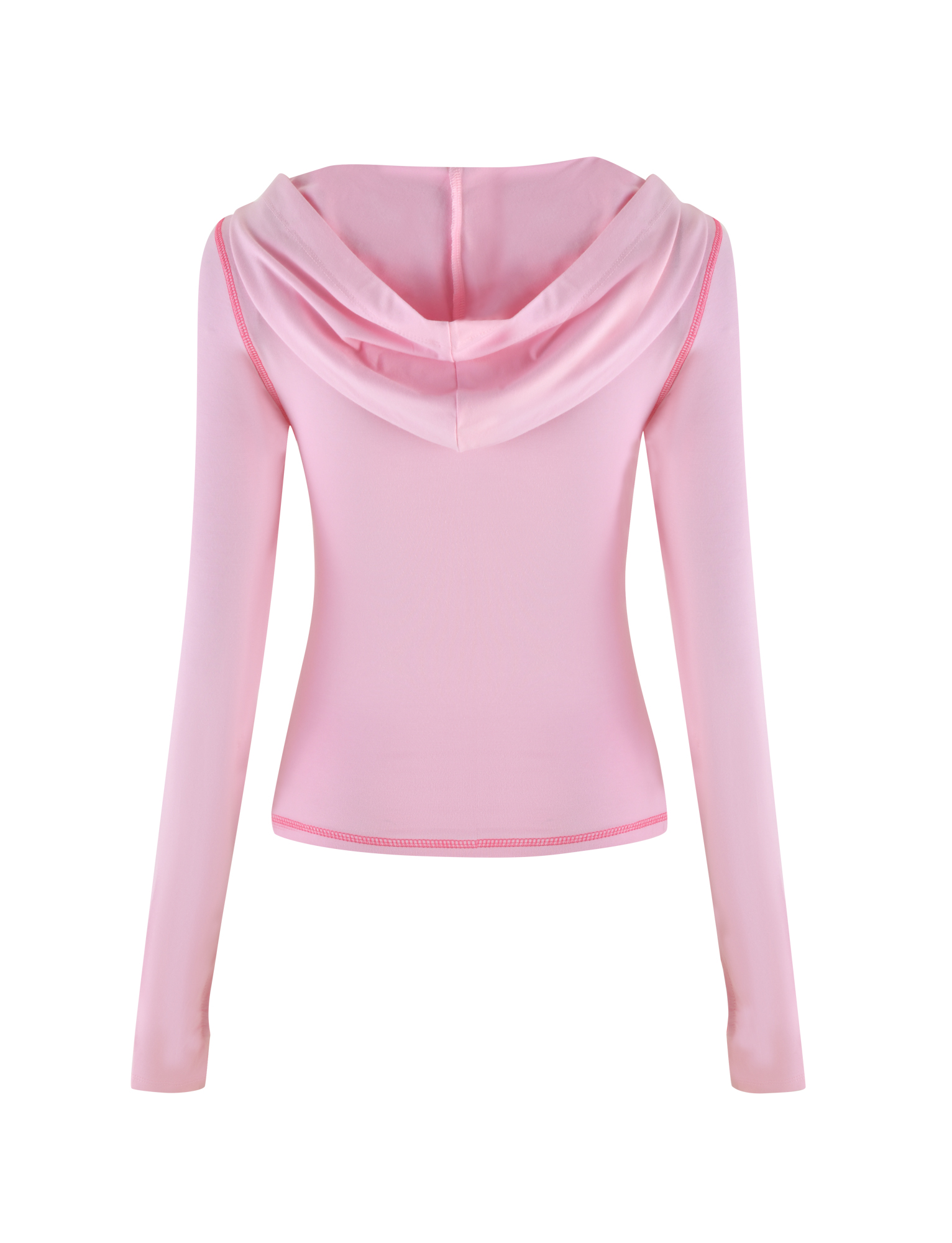 Back view of the TIGERMIST BLAYZE HOODIE in soft pink, featuring long sleeves, a fitted design, and a large hood, displayed on a white background.