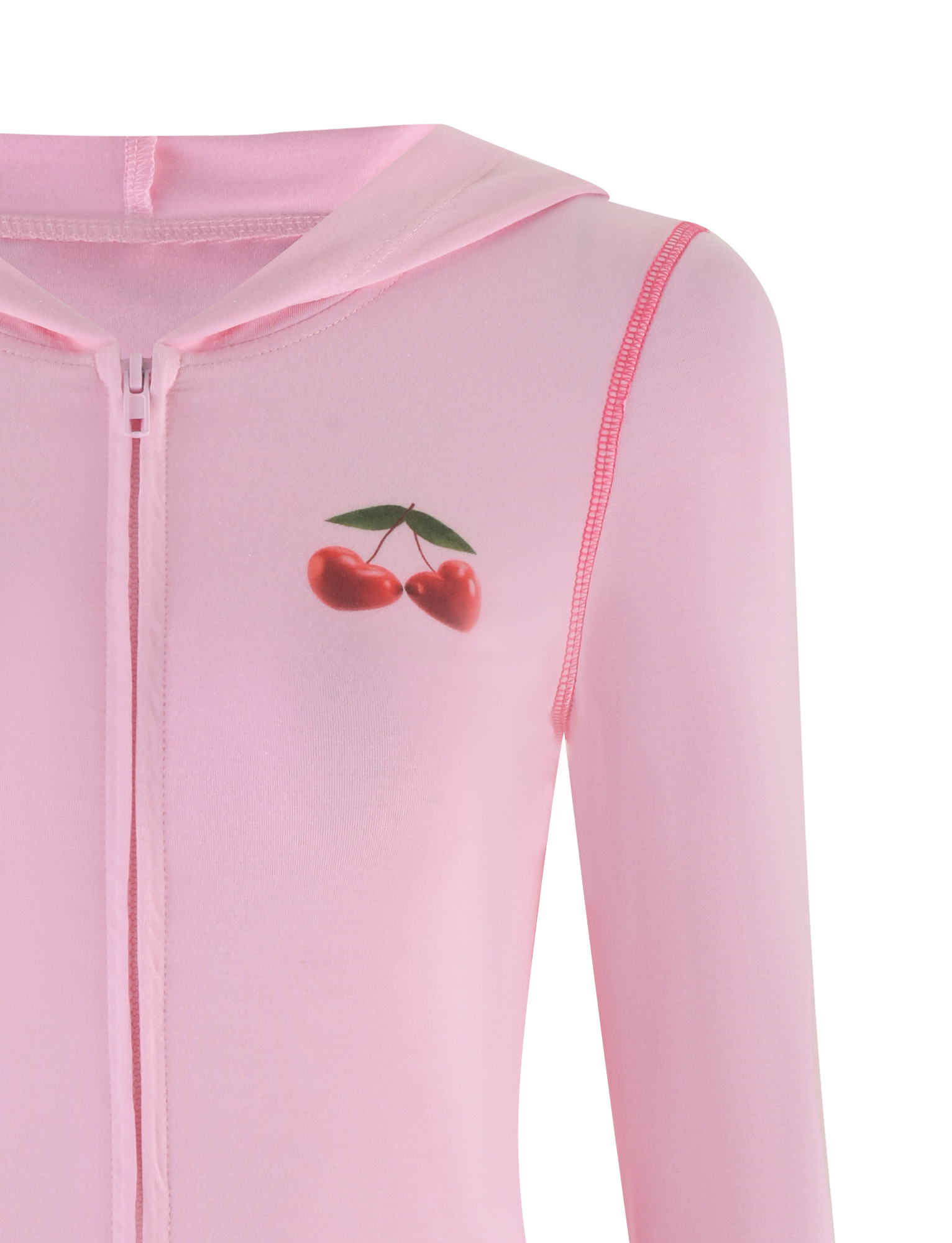 A close-up of the TIGERMIST BLAYZE HOODIE in soft pink, featuring a cherry graphic on the chest and visible pink stitching along the shoulder and arm.