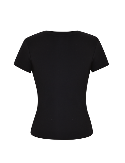 The SAPHIRA TEE - BLACK by TIGERMIST is a black short-sleeve top, shown from the back on a white background, made from high-stretch fabric for all-day comfort.