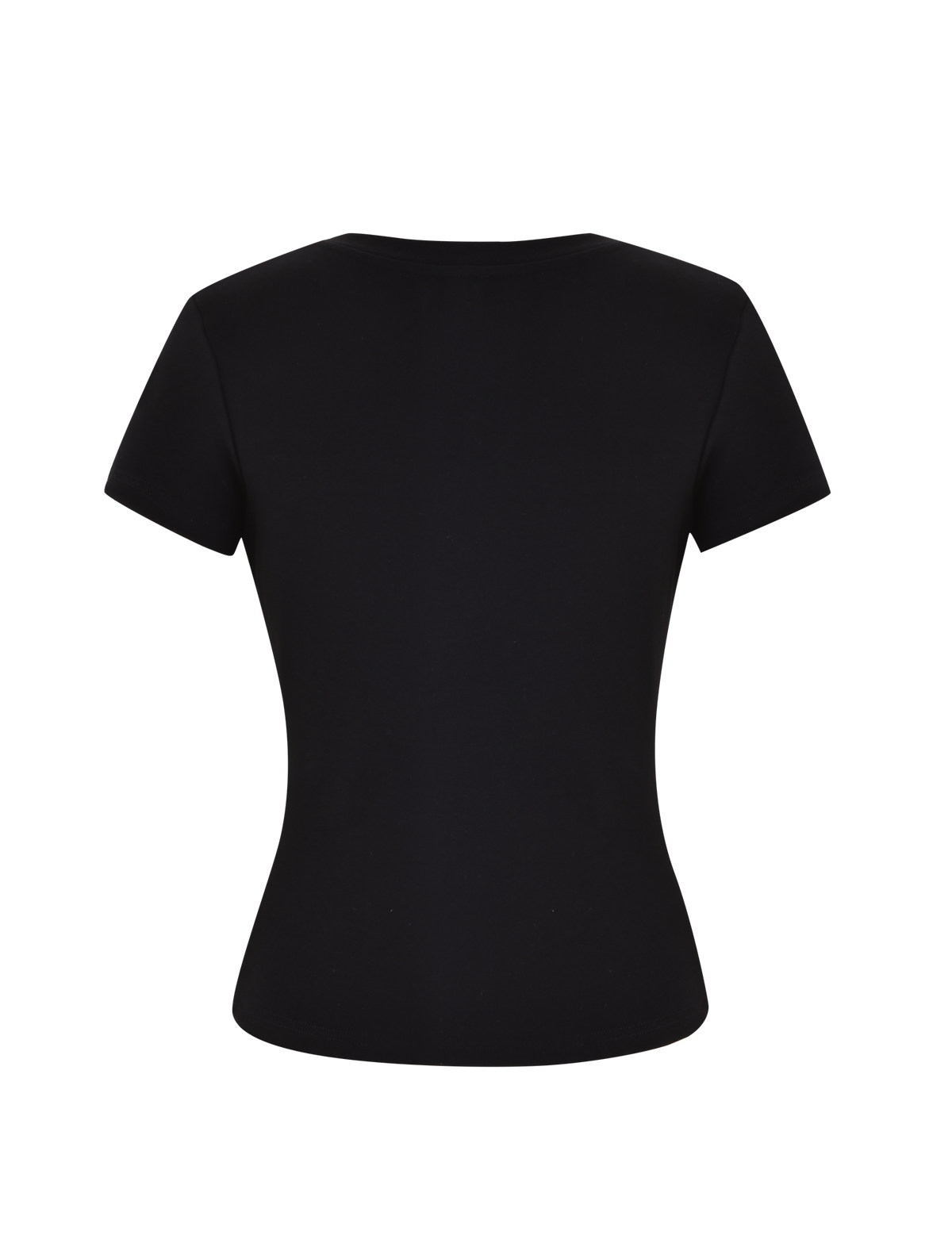 The SAPHIRA TEE - BLACK by TIGERMIST is a black short-sleeve top, shown from the back on a white background, made from high-stretch fabric for all-day comfort.
