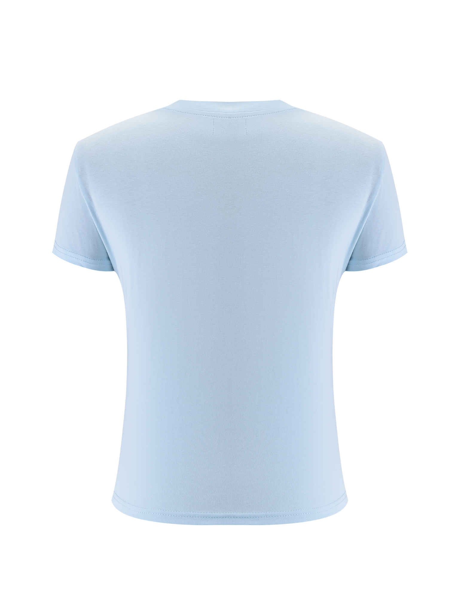The SAPHIRA TEE - BLUE by TIGERMIST is a light blue, short-sleeve top shown from the back against a white background, featuring subtle blue rhinestones for a hint of sparkle in this classic design.