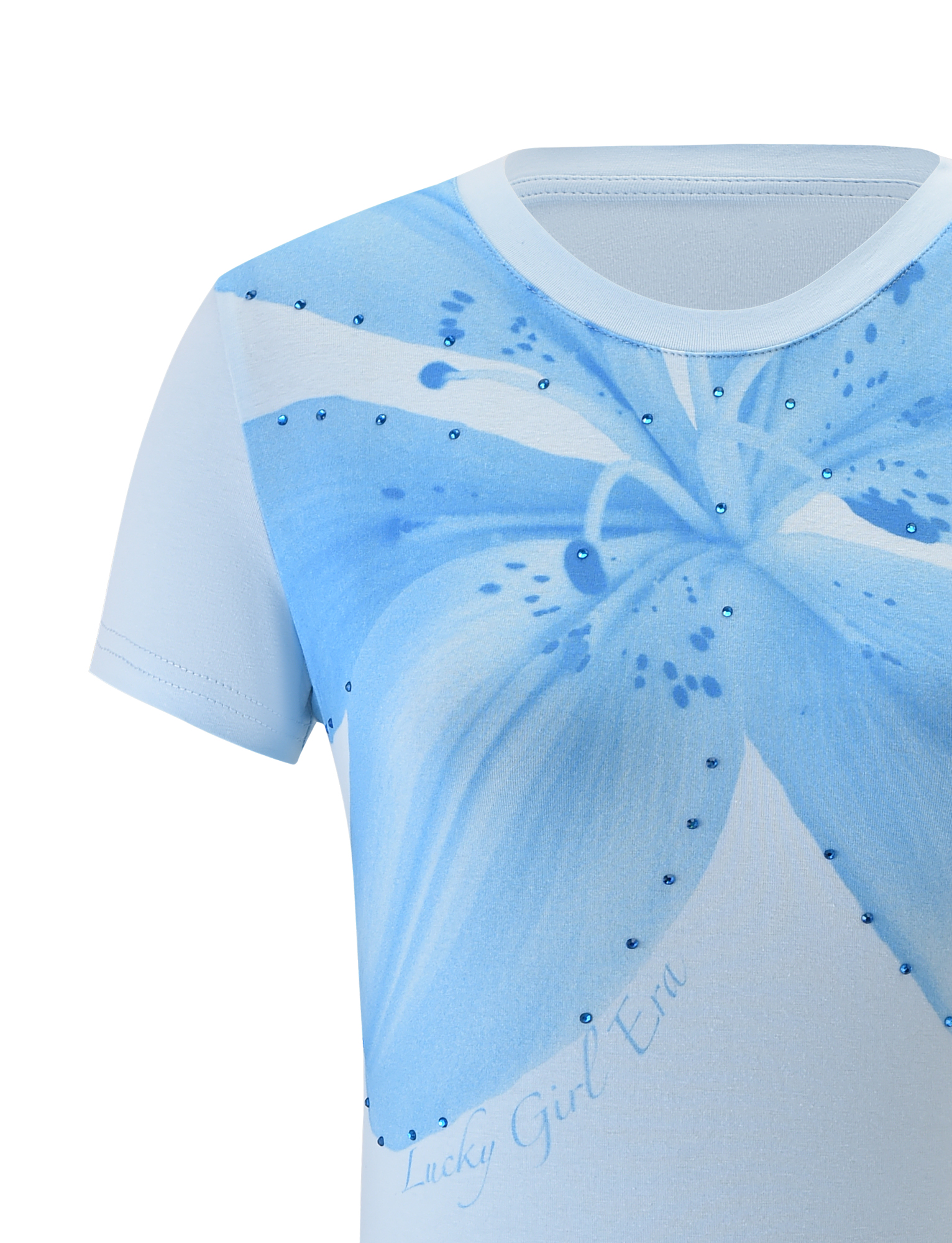 The TIGERMIST SAPHIRA TEE - BLUE features a bold blue lily floral graphic with blue rhinestones and "Lucky Girl Era" in cursive near the flower for a charming finish.