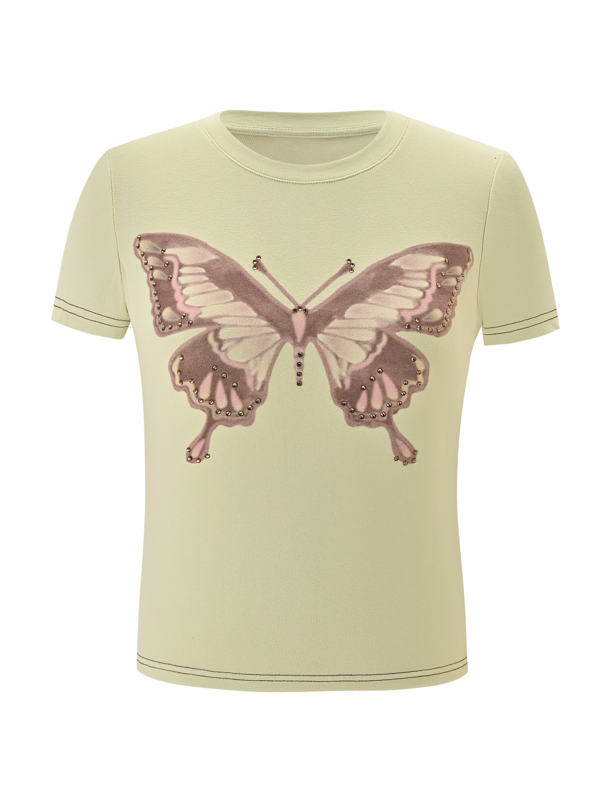 The SAPHIRA TEE - BUTTERSCOTCH by TIGERMIST is a yellow cotton short-sleeve top with a bold pink and brown butterfly graphic, detailed wing patterns, and small decorative dots along the edges on the front.