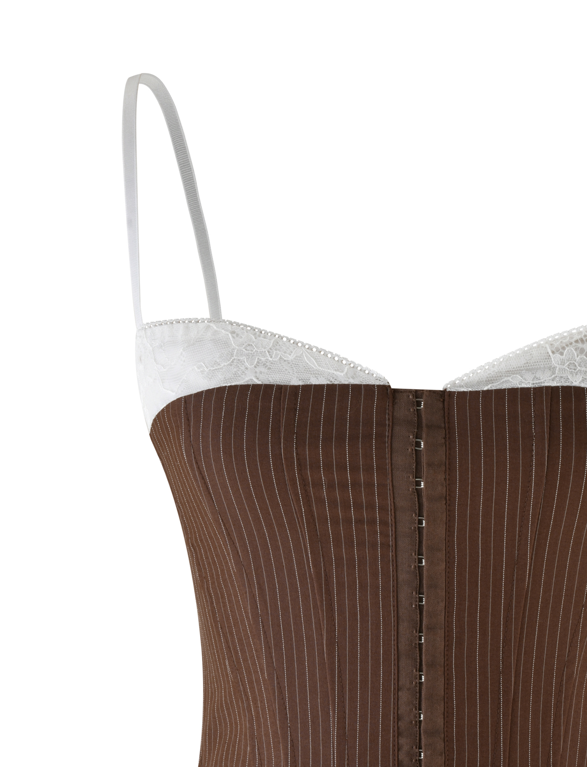 A close-up of the TIGERMIST ANTONELLA CORSET 2.0 in chocolate pinstripe, featuring suiting fabric, white lace trim, white spaghetti straps, and front hook-and-eye closures.