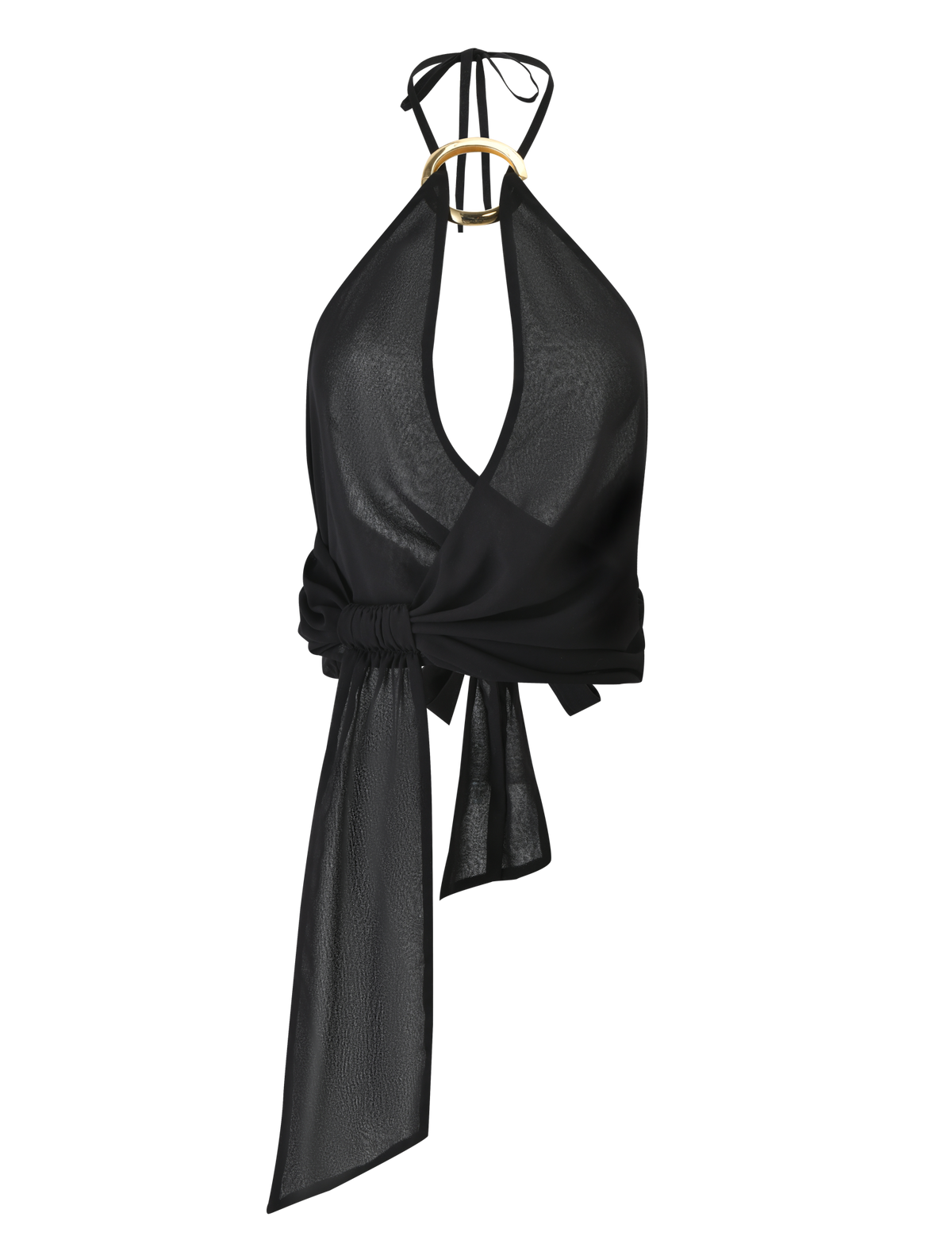 The INDIGO TOP - BLACK by TIGERMIST is a black halter neck chiffon top with a deep neckline, waist sash, and adjustable back. It's shown on a gold lip-shaped hanger.